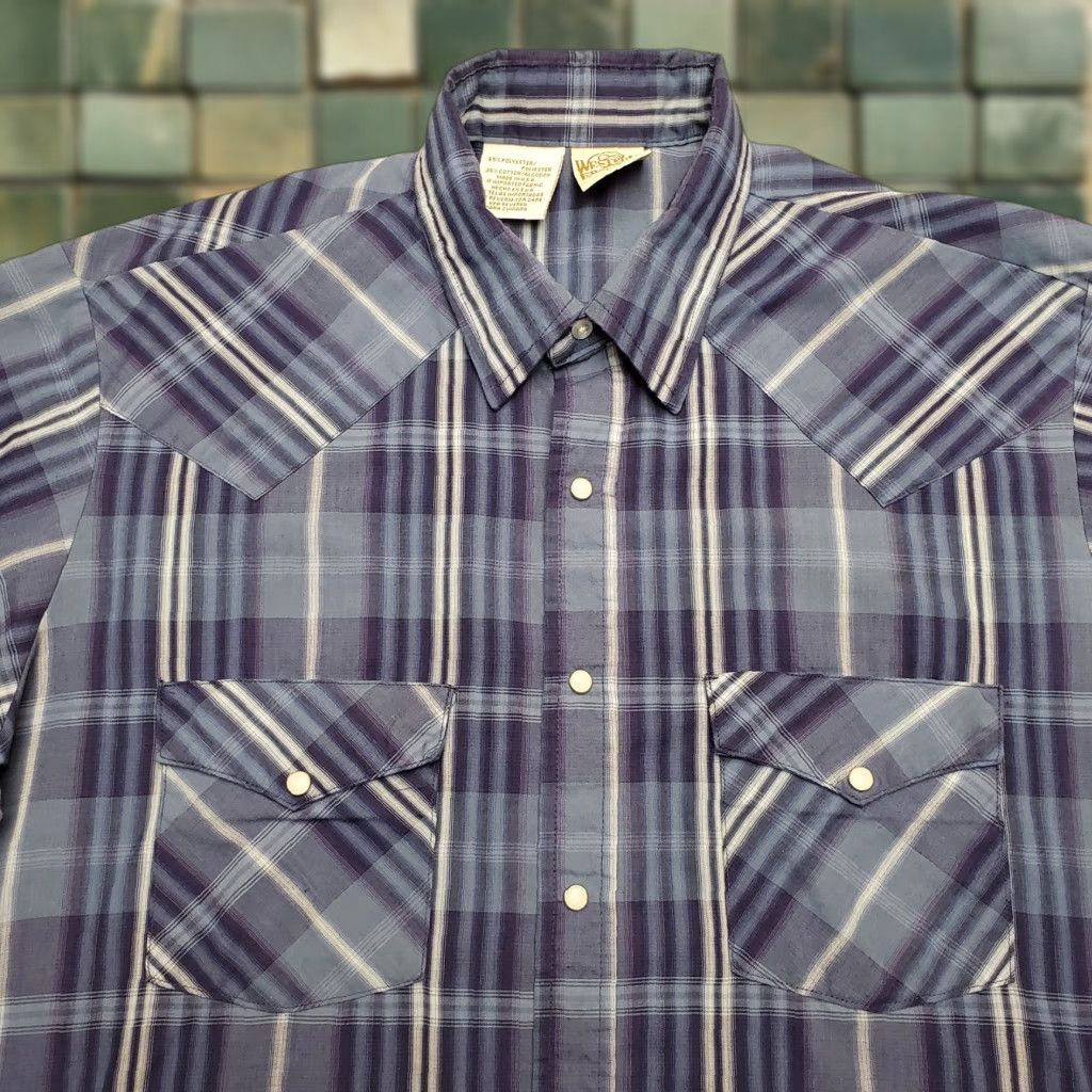 Vintage Western Frontier Shirt Mens L Blue Plaid Pearl Snap Long Sleeve Western Cowboy Shirt Size US L / EU 52-54 / 3 - 1 Thumbnail