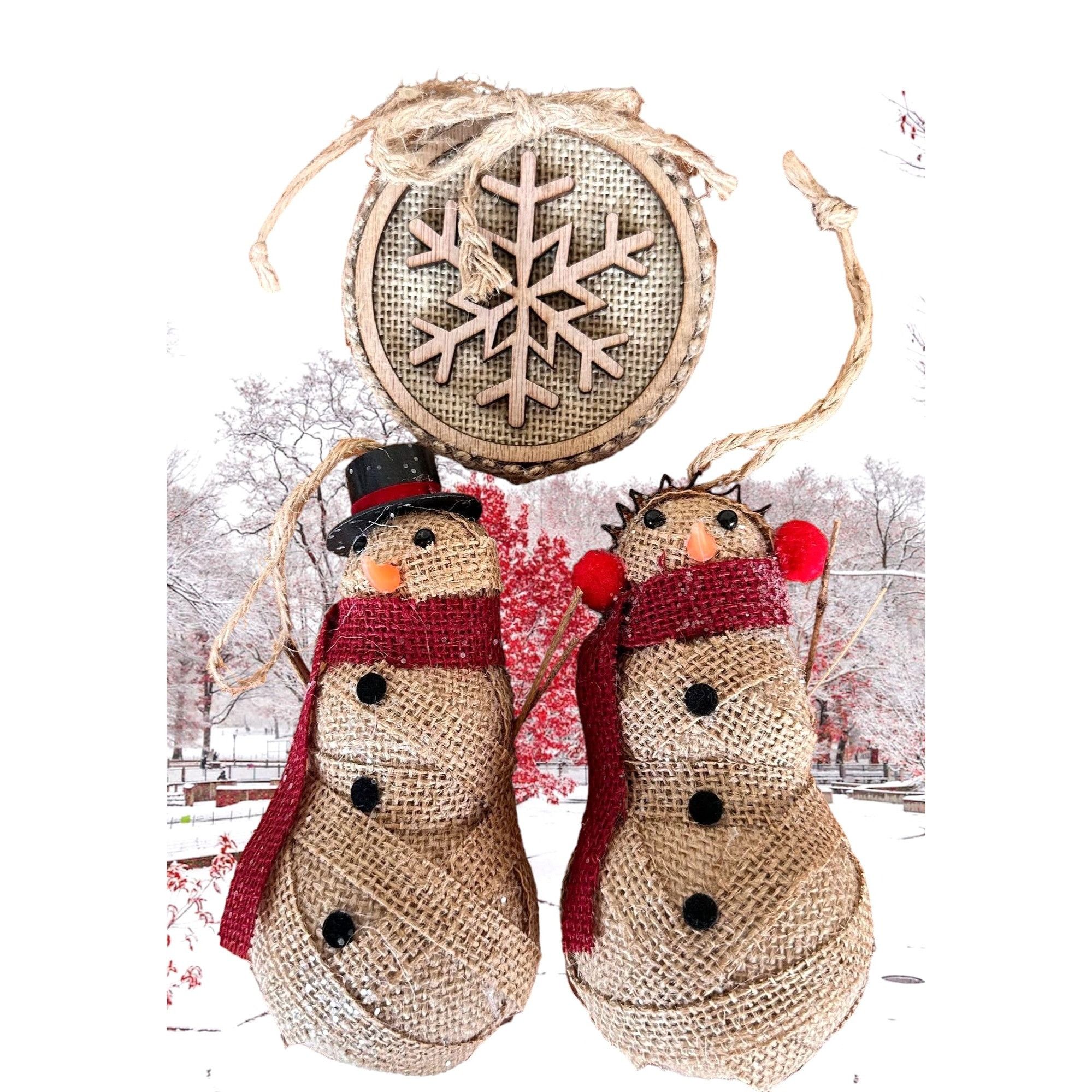 Vintage Handmade Snowflake Mr Mrs Snowman Ornaments Set of 3