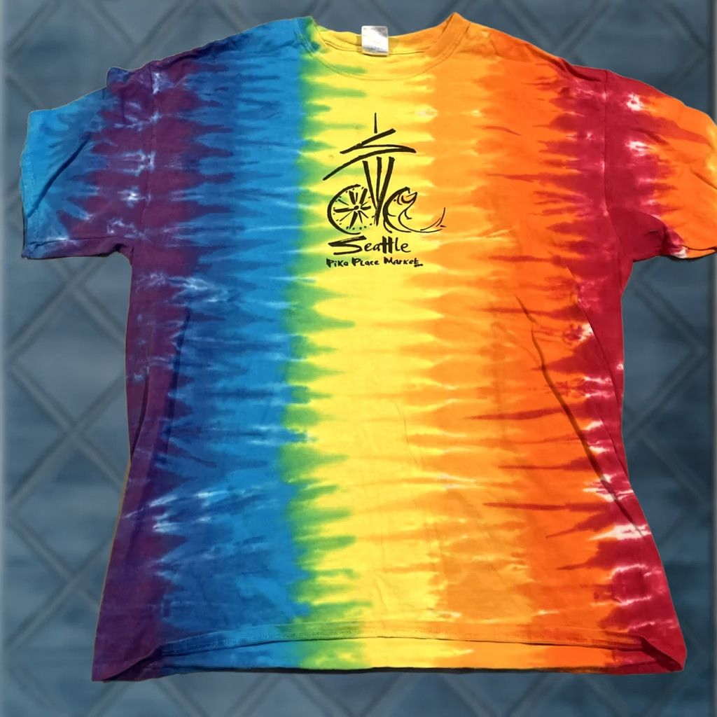 Gildan Gildan Tie Dye T Shirt Seattle Pike Place Market Men's XL Multicolor Crew Neck Short Sleeve Cotton Gildan Heavy Cotton Men's T-Shirt Size US XL / EU 56 / 4 - 1 Thumbnail