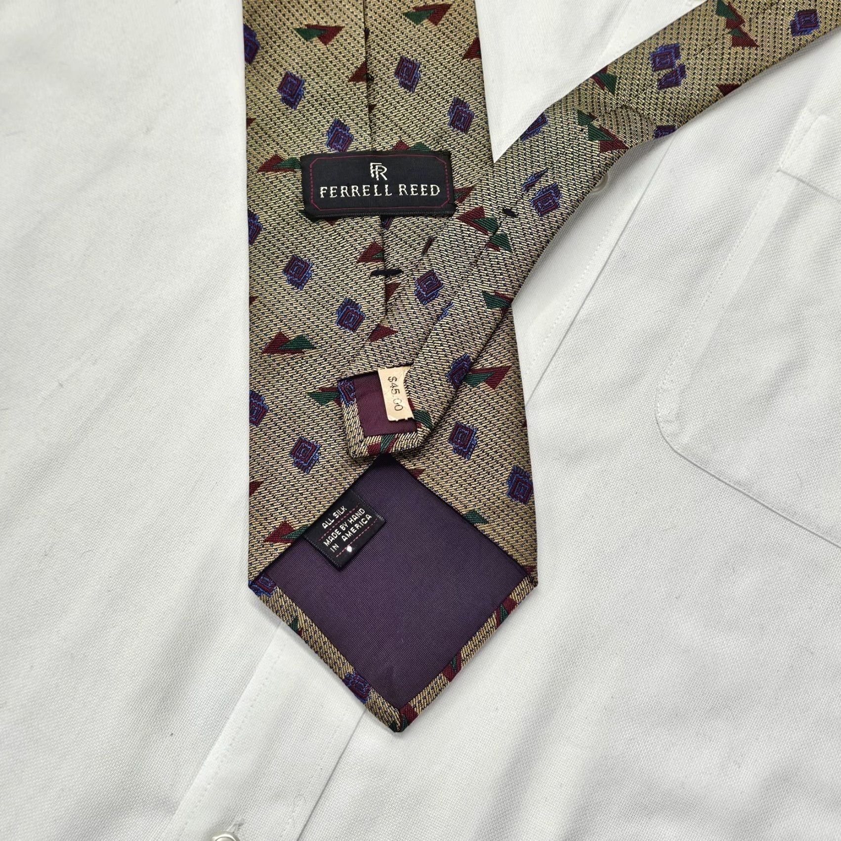Vintage FERRELL REED Tie Men Gold Silk Geometric Retro Office Wear USA 57.75" X 3.75" 1990s Mens Neckwear Size ONE SIZE - 5 Thumbnail
