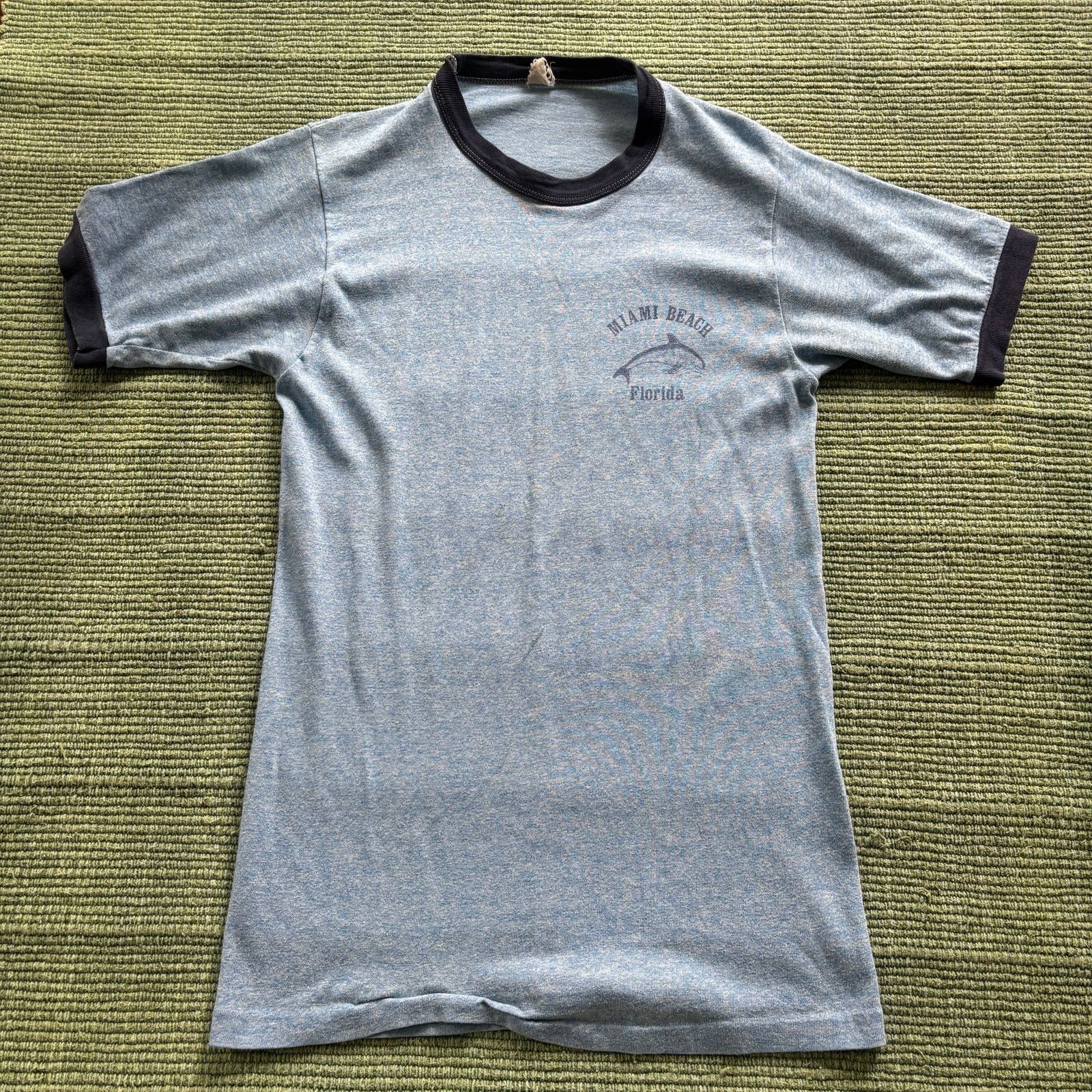 Vintage 1970s 80s Miami Beach Blue Ringer Tee Shirt Single Stitch M Size US M / EU 48-50 / 2 - 1 Thumbnail