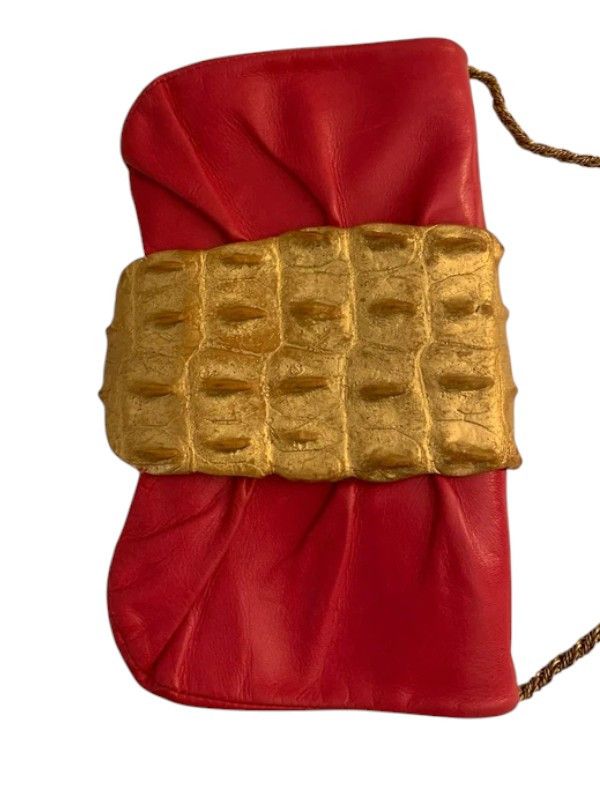 Roberto Cavalli Roberto Cavalli Red Leather Clutch w/ Gold Croc Panel 2000s Size ONE SIZE - 4 Thumbnail