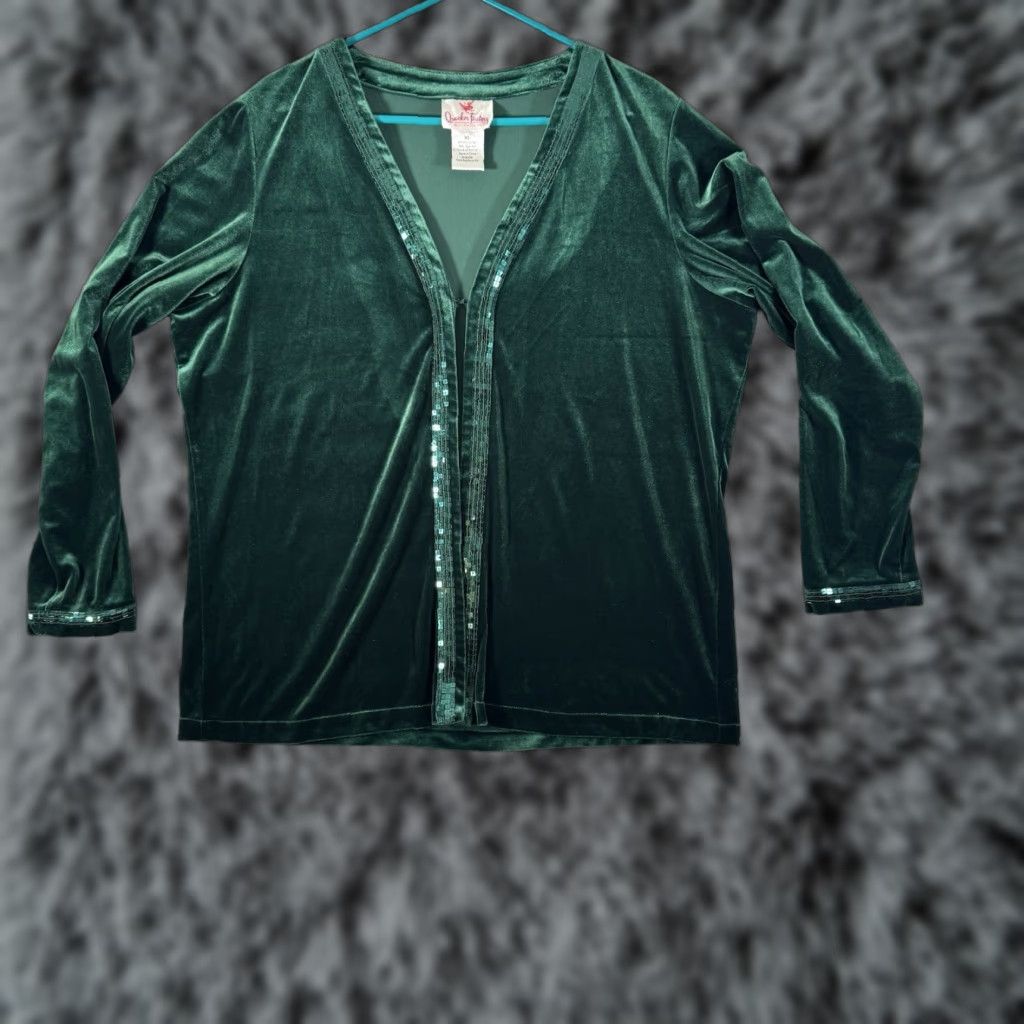 Quacker Factory Quacker Factory Cardigan XL Open Front Green Velour Sequin Sparkle Holiday Party Womens Size XL / US 12-14 / IT 48-50 - 1 Thumbnail
