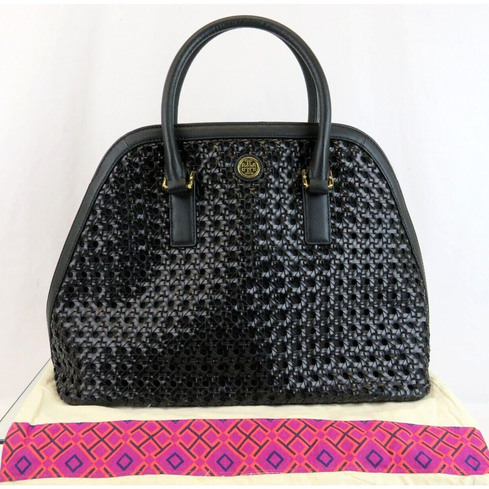 Tory Burch ROBINSON BLACK BASKET WOVEN LEATHER LOGO TOTE HANDBAG Size ONE SIZE - 1 Thumbnail