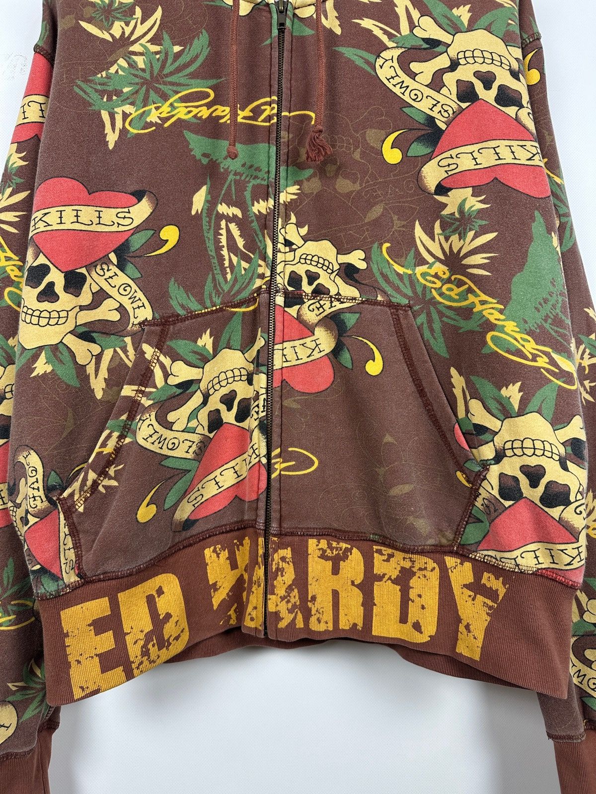 Ed Hardy Vintage Ed Hardy Skull Heart Tattoo AOP Brown Zip Up Hoodie Size US XL / EU 56 / 4 - 13 Thumbnail