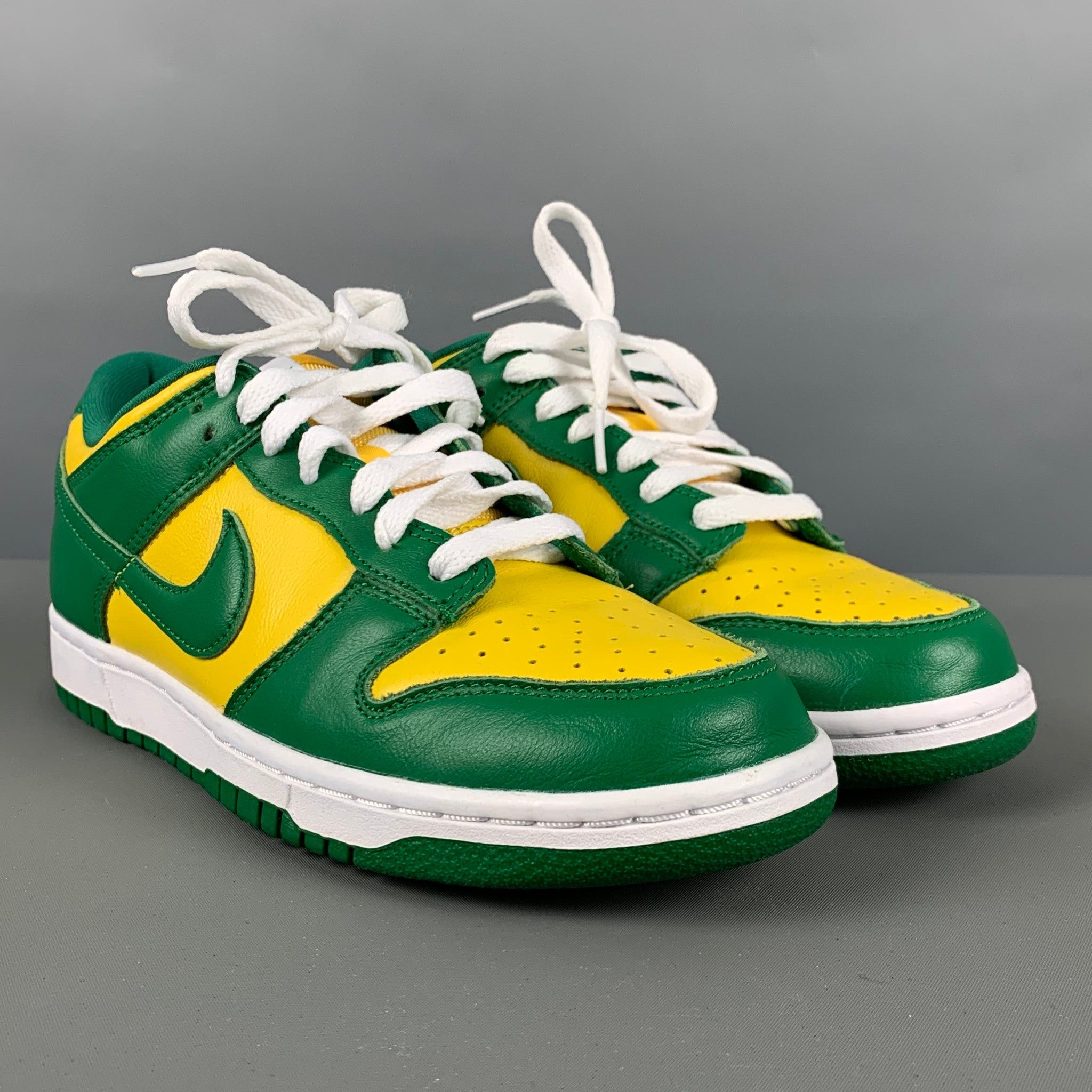 image of Nike Yellow Green Color Block Leather Low Top Sneakers, Men's (Size 6)