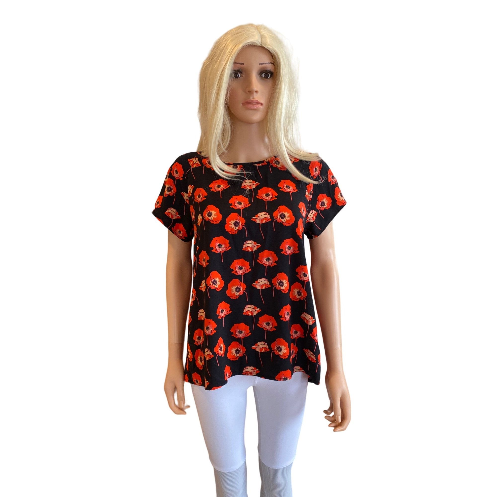 Designer CAbi Red Poppies Short Sleeve Blouse Tunic W's Small Split B Size S / US 4 / IT 40 - 1 Thumbnail