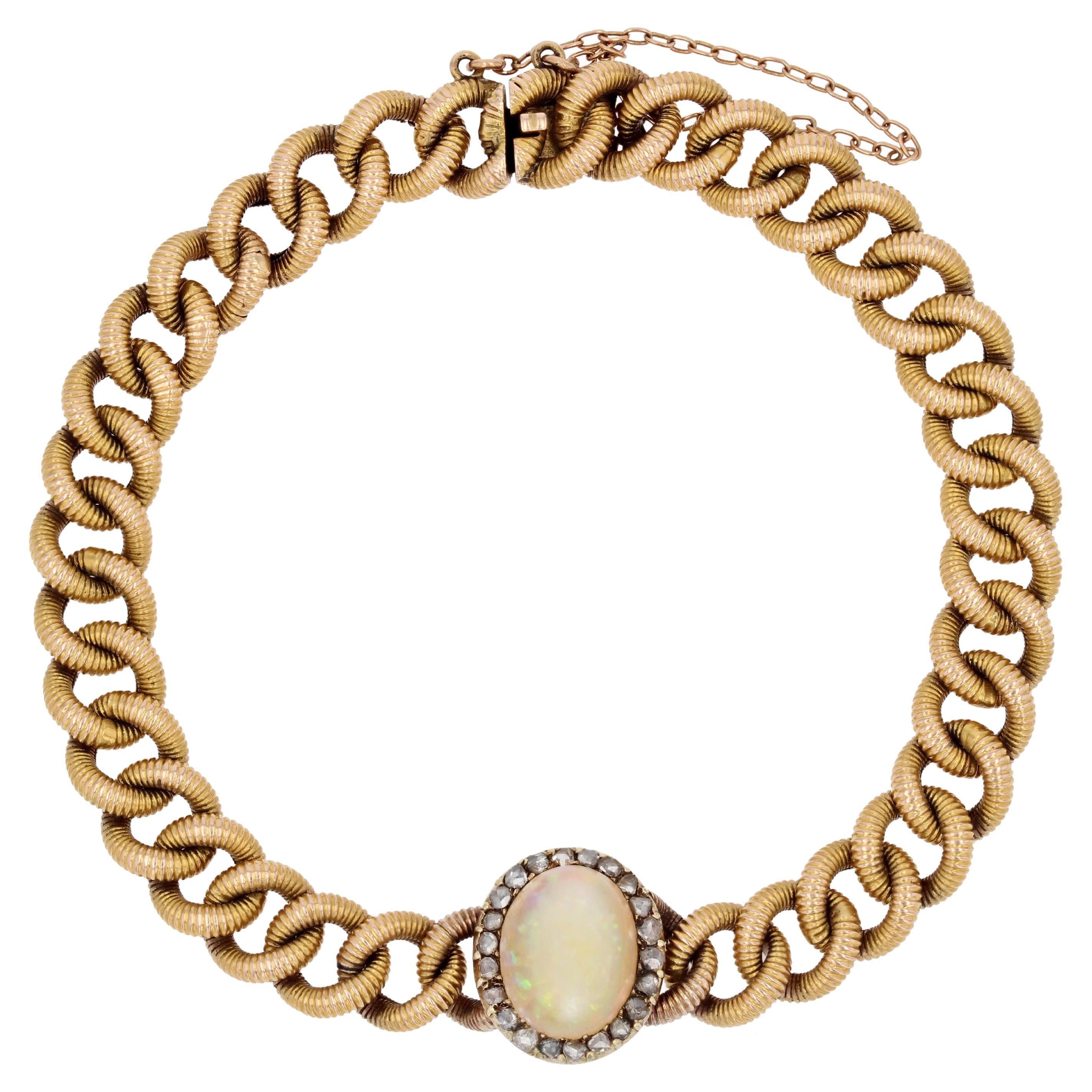 image of Vintage French 20Th Century Opal Diamond 18 Karat Yellow Gold Antique Curb Bracelet, Women's