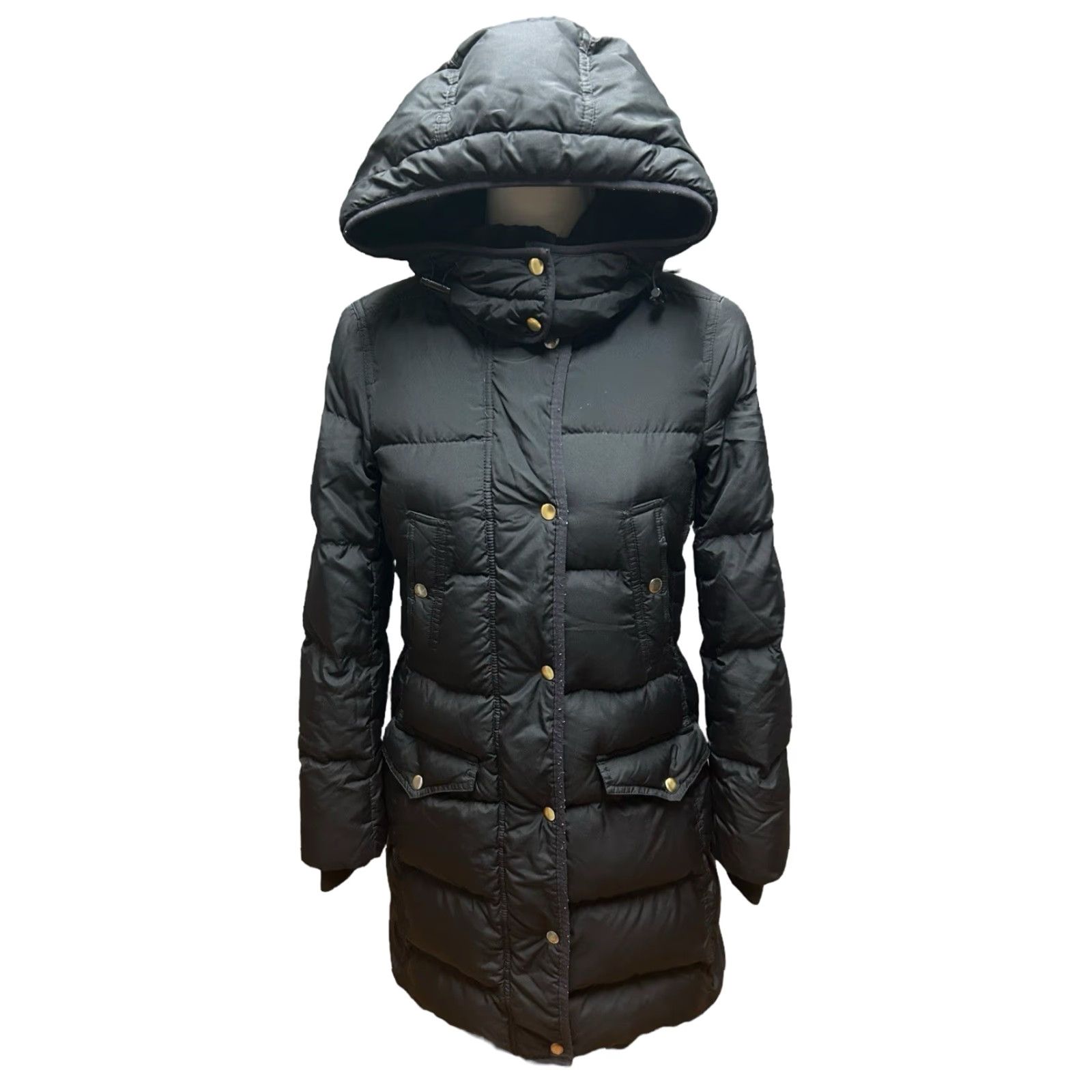 Vintage J Crew Women's Drawstring Hood Pocketed Long Puffer Jackets Solid Black Medium Size M / US 6-8 / IT 42-44 - 2 Thumbnail
