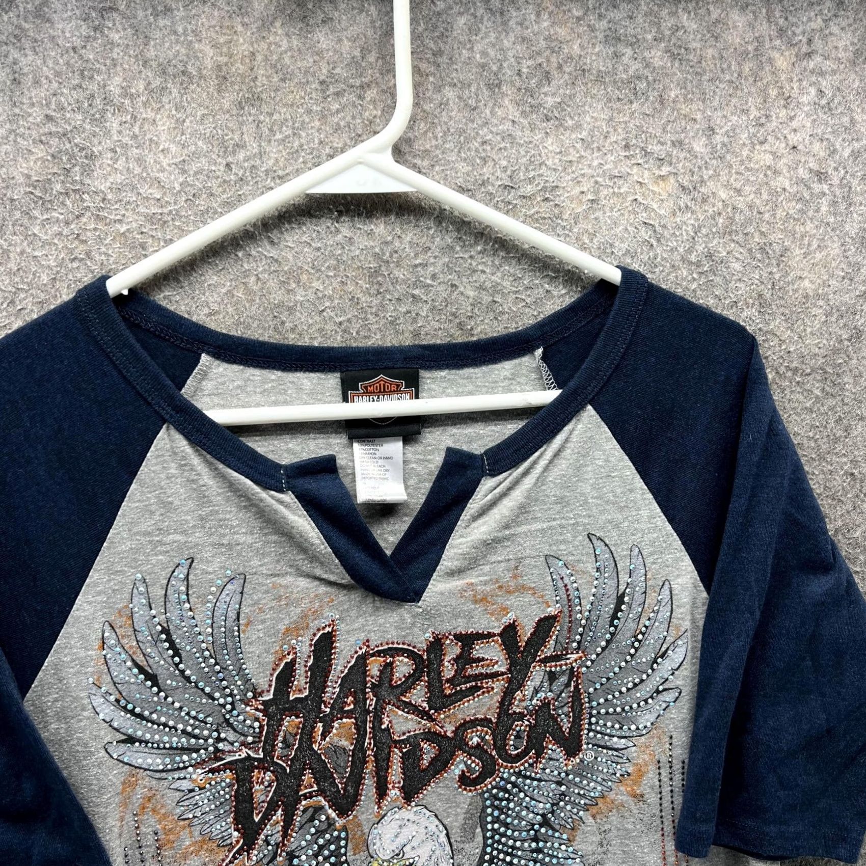 Harley Davidson VINTAGE Harley-Davidson Shirt Womens XL Gray Blue Raglan Rhinestone Eagle Graphic Size XL / US 12-14 / IT 48-50 - 5 Thumbnail
