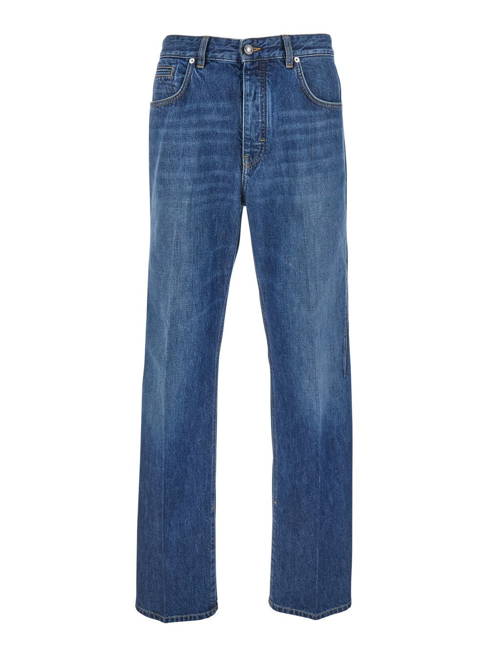 Blue Five-Pocket Jeans with Logo Patch on the Back in Denim Man