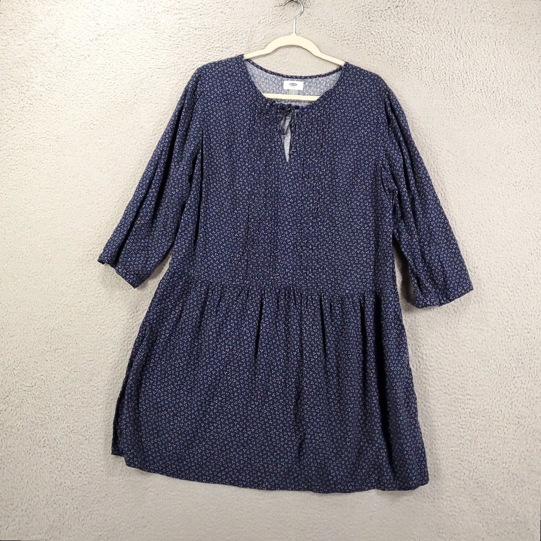 Old Navy Womens Dress L Navy Blue Ditsy Speckled Keyhole V Neck Pleated Tie Bohemian Classic Colorful Old Navy Size L / US 10 / IT 46 - 2 Thumbnail