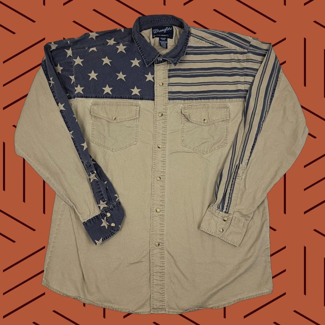 Wrangler VINTAGE Wrangler Shirt Mens L / XL Brown Blue Pearl Snap USA Flag Western Rockability Shirt Size US L / EU 52-54 / 3 - 1 Thumbnail