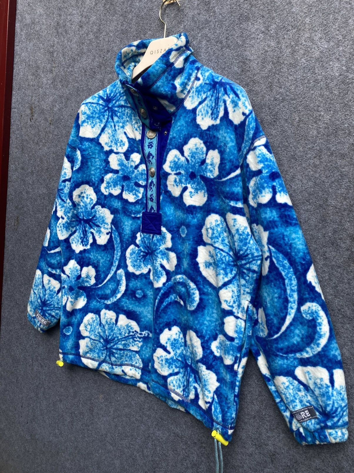 Vintage JOJO FIORE Blue Hibiscus Pattern Fleece Quarter-Snap Pullove Size US S / EU 44-46 / 1 - 2 Thumbnail