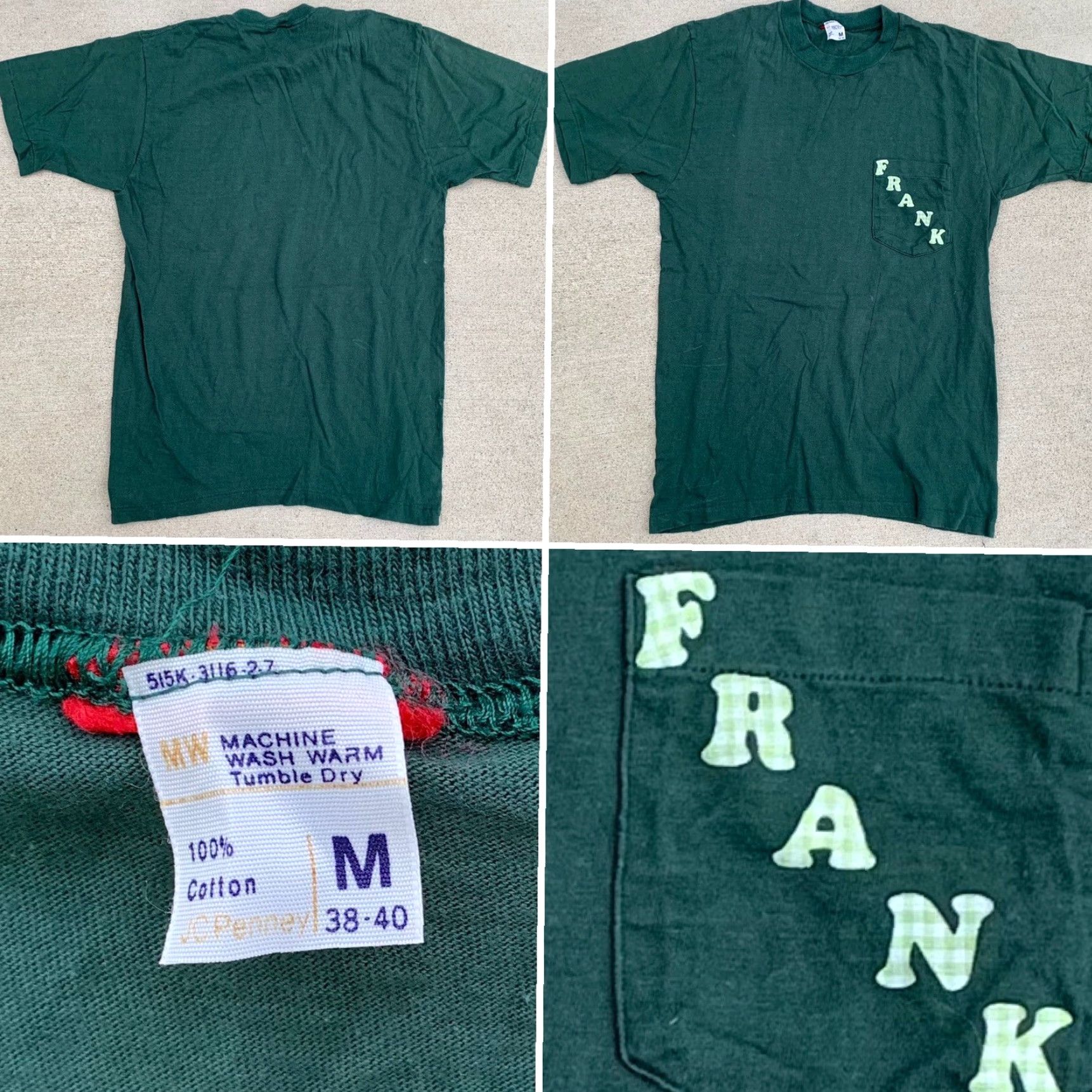 Vintage VINTAGE Pocket Tee T Shirt FRANK Green Short Sleeve M Cotton Left Front Chest Pocket Iron On Lettering Single Stitch Crew Neck Mens Shirts Size US M / EU 48-50 / 2 - 3 Thumbnail