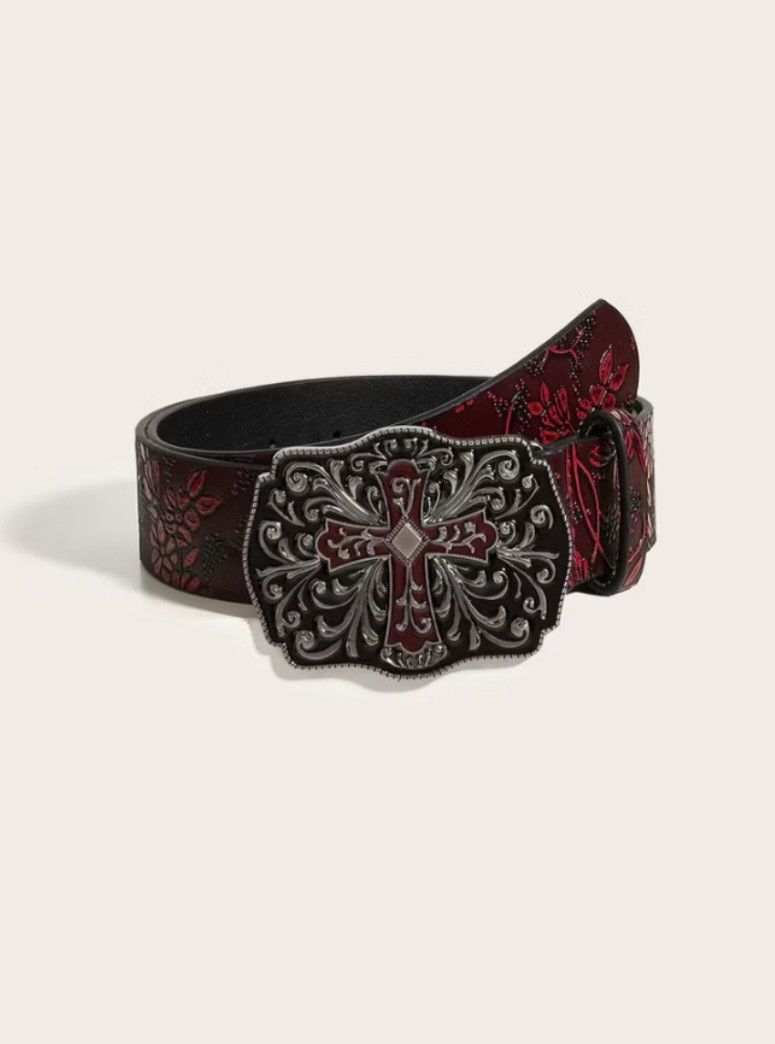 Japanese Brand 💥Cross metal buckle burgendy flower belt Size ONE SIZE - 1 Thumbnail