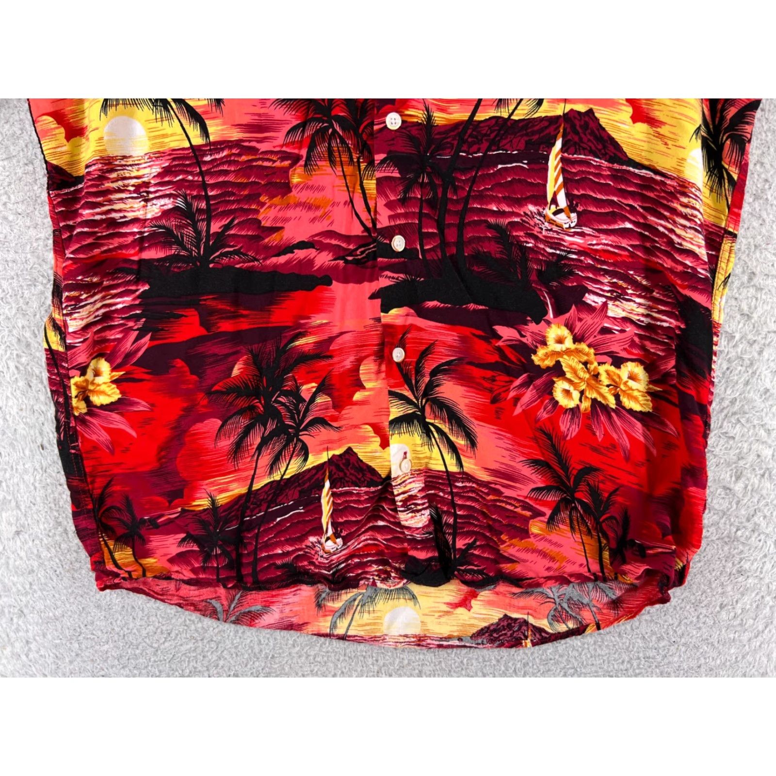 Vintage Design In Italy Shirt Adult Large Red Orange Hawaiian Island Sunset Palm Print Shirt Men Regular Red Hawaiian Floral Short Sleeve Button-Up 70s? Size US L / EU 52-54 / 3 - 5 Thumbnail