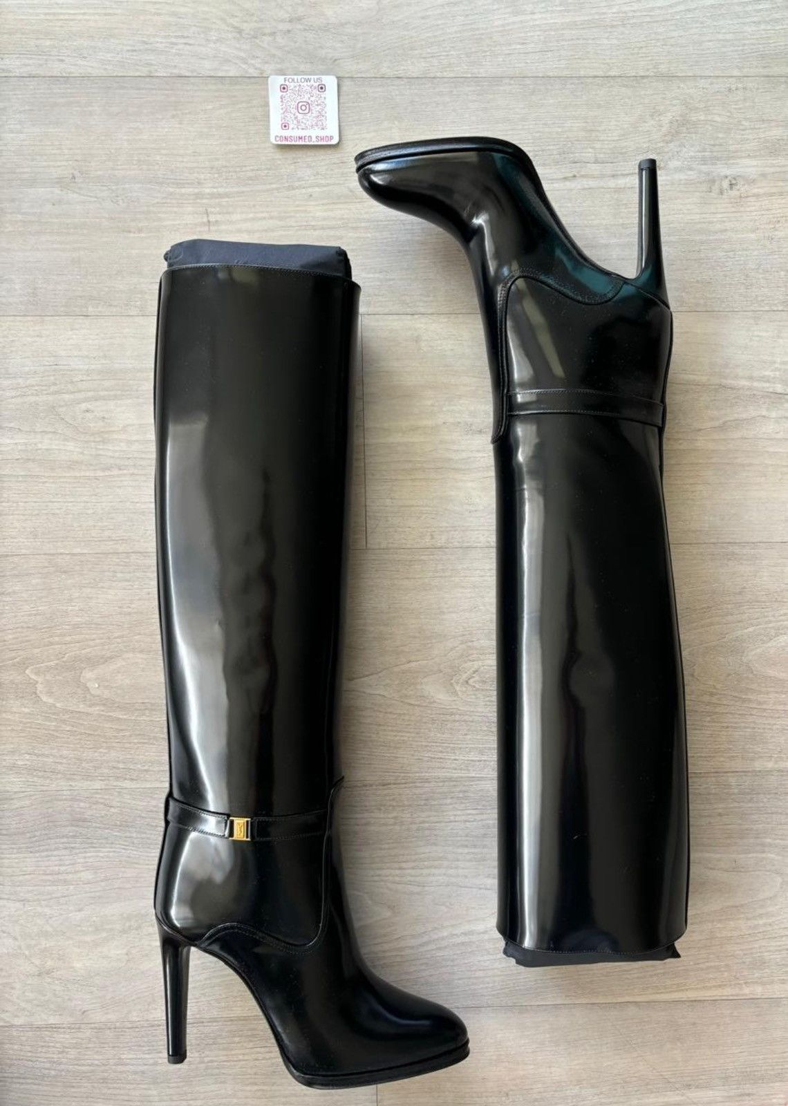Saint Laurent Paris Diane Buckled Glossed-leather Knee Boots Size US 7 / IT 37 - 5 Thumbnail