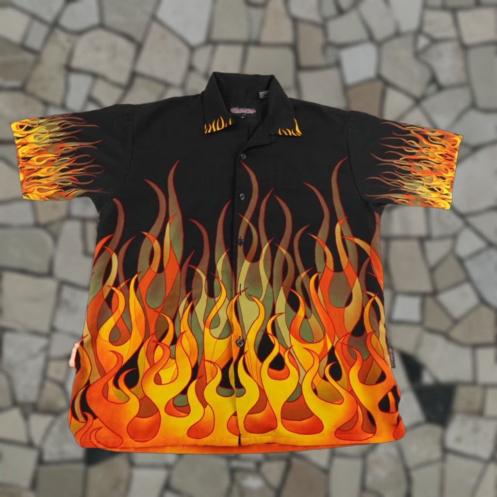 Vintage VINTAGE Sapphire Lounge Shirt Men M Orange Black Fire Flame Button Up Y2K Shirt Casual Mens 90s Decade Fire Theme Size US M / EU 48-50 / 2 - 1 Thumbnail