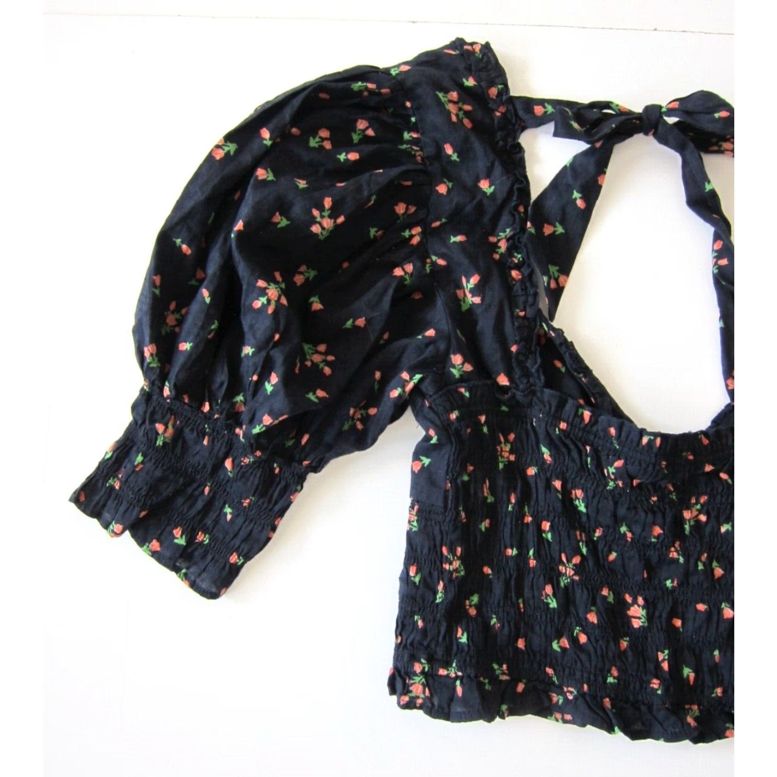 Urban Outfitters VINTAGE Urban Outfitters Cotton Black Orange Green Rose Floral Crop Peasant Blouse M Size M / US 6-8 / IT 42-44 - 4 Thumbnail