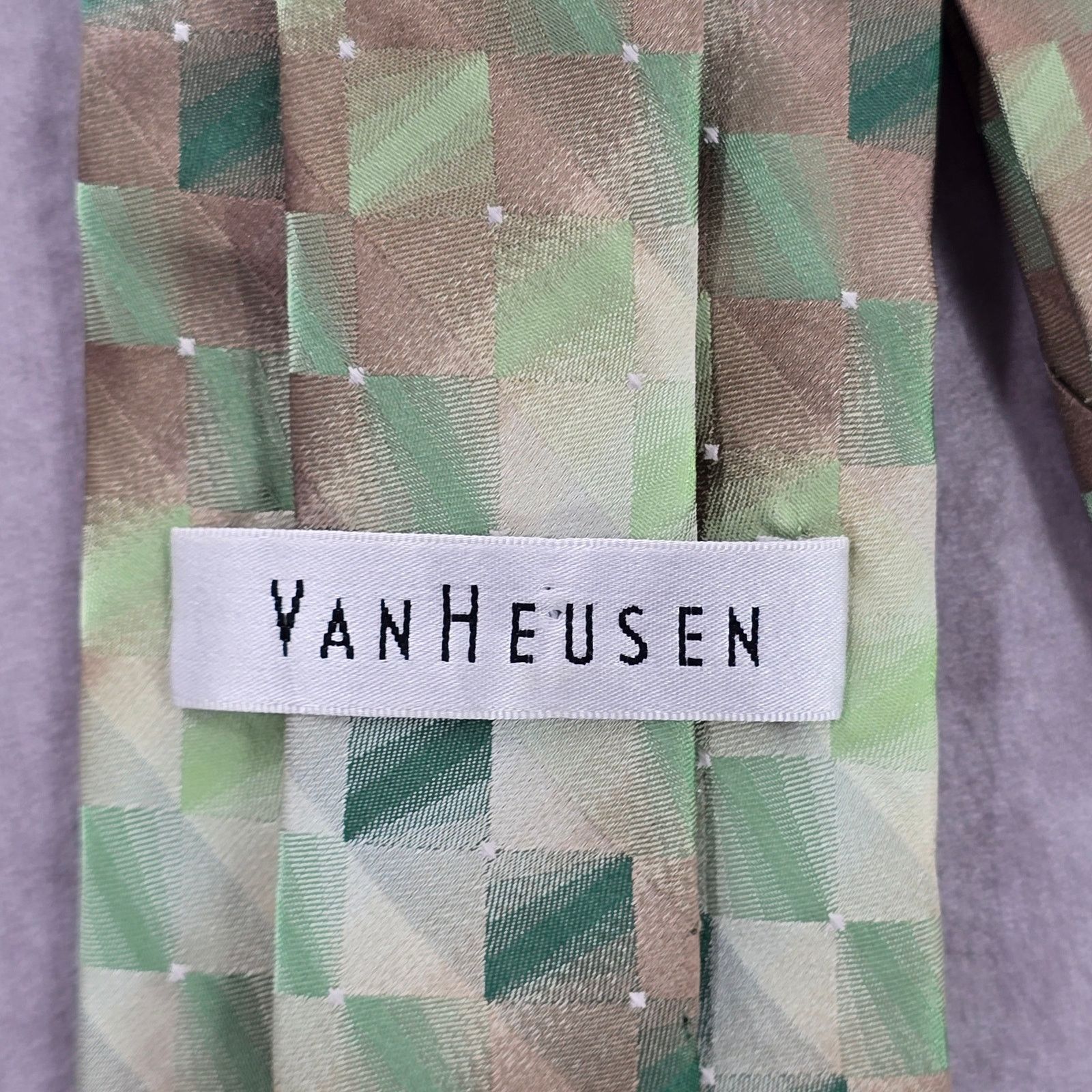 Van Heusen Van Heusen Green Brown Geometric Checkered Silk Neck Tie Size 30 - 4 Thumbnail