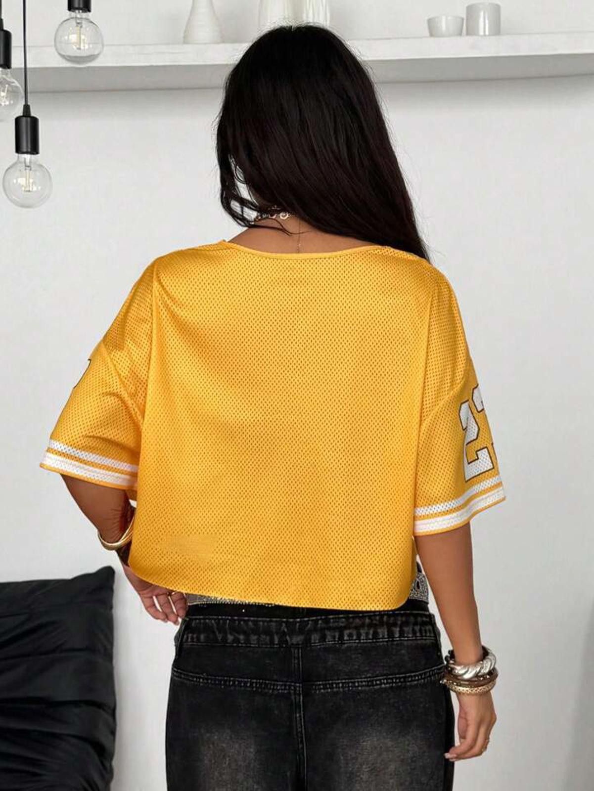 Other Yellow 23 Lace Trim Mesh Crop Top Jersey Size ONE SIZE - 6 Thumbnail