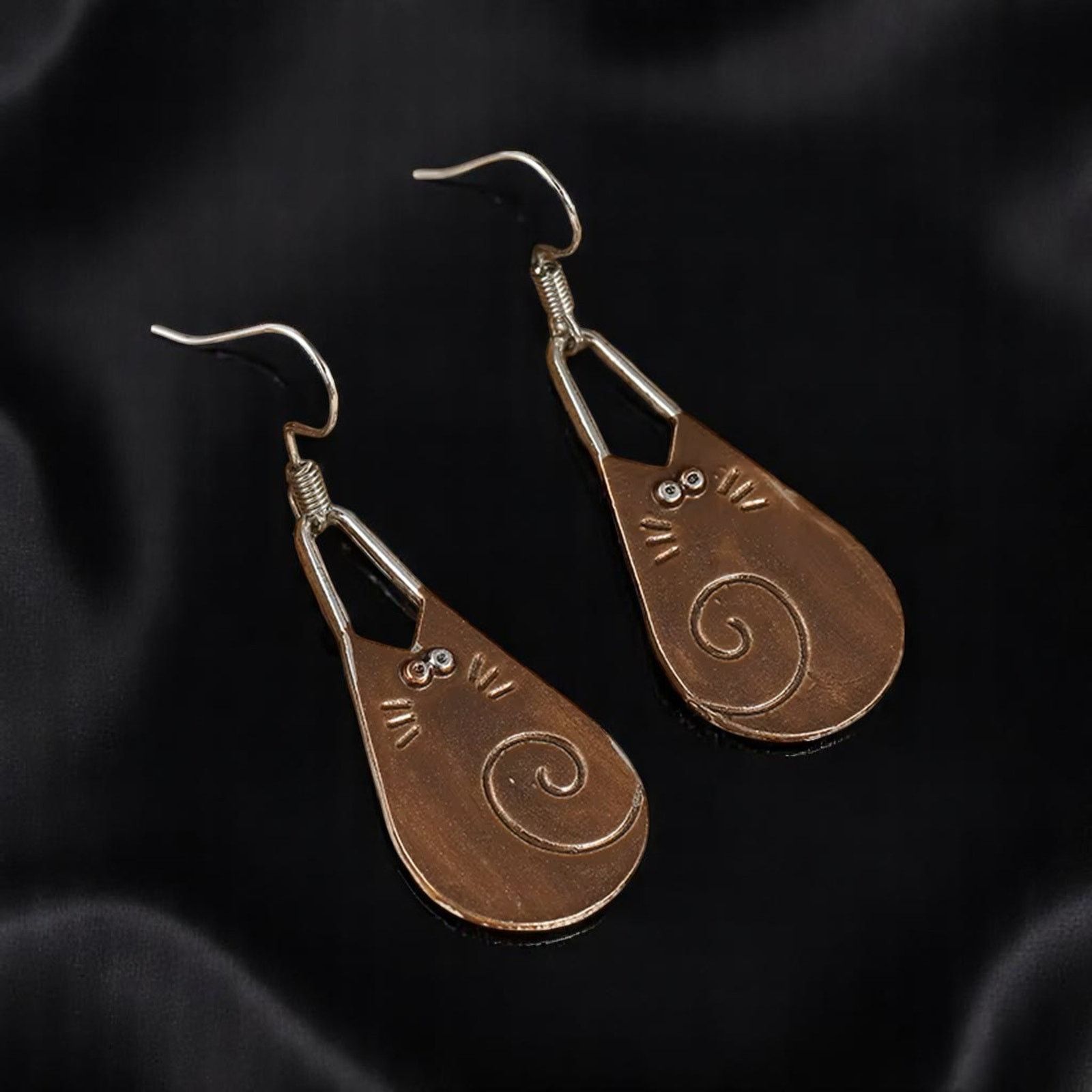 Designer Copper Cat Dangle Earrings Hooks Minimalist Design Size ONE SIZE - 4 Thumbnail