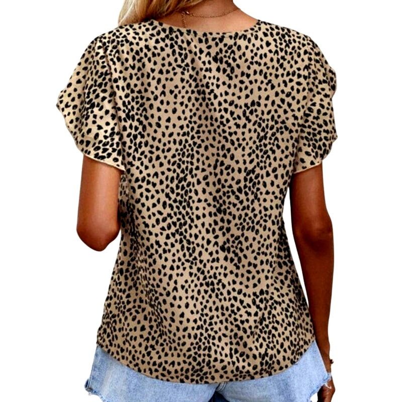 Shein Shein Tan Black Leopard V-Neck Petal Short Sleeve Top Size S / US 4 / IT 40 - 2 Thumbnail