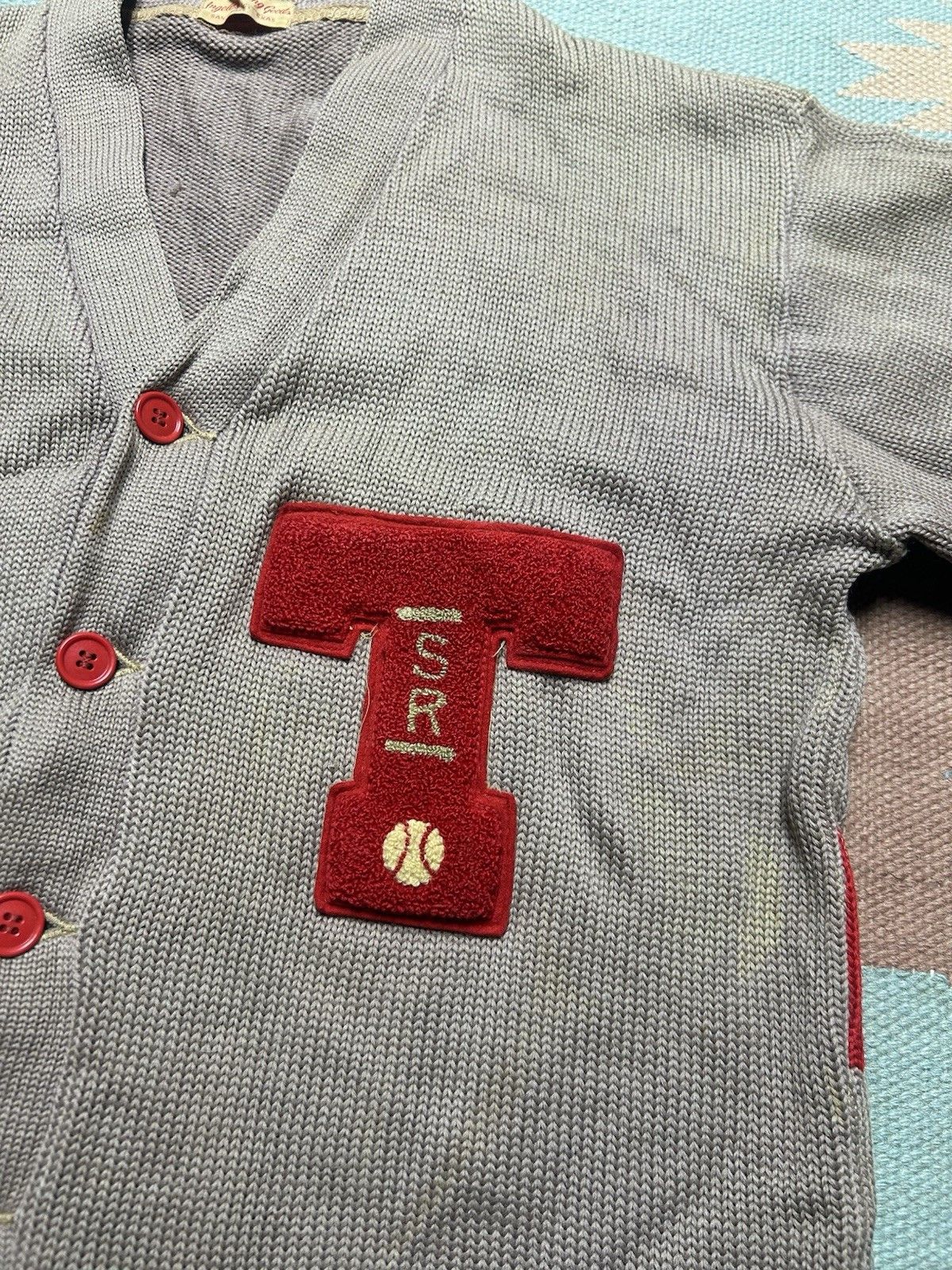 Vintage Vtg 40s wool cardigan sweater Texas 2 tone striped letter L Size US L / EU 52-54 / 3 - 6 Thumbnail