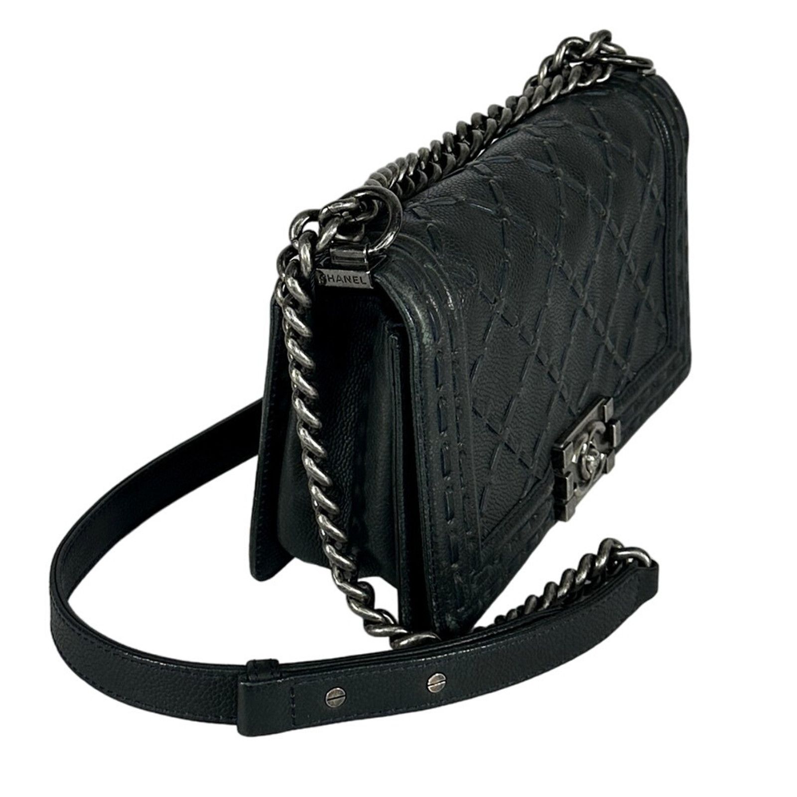 CHANEL Caviar Stitched Medium Boy Flap Shoulder Bag Black