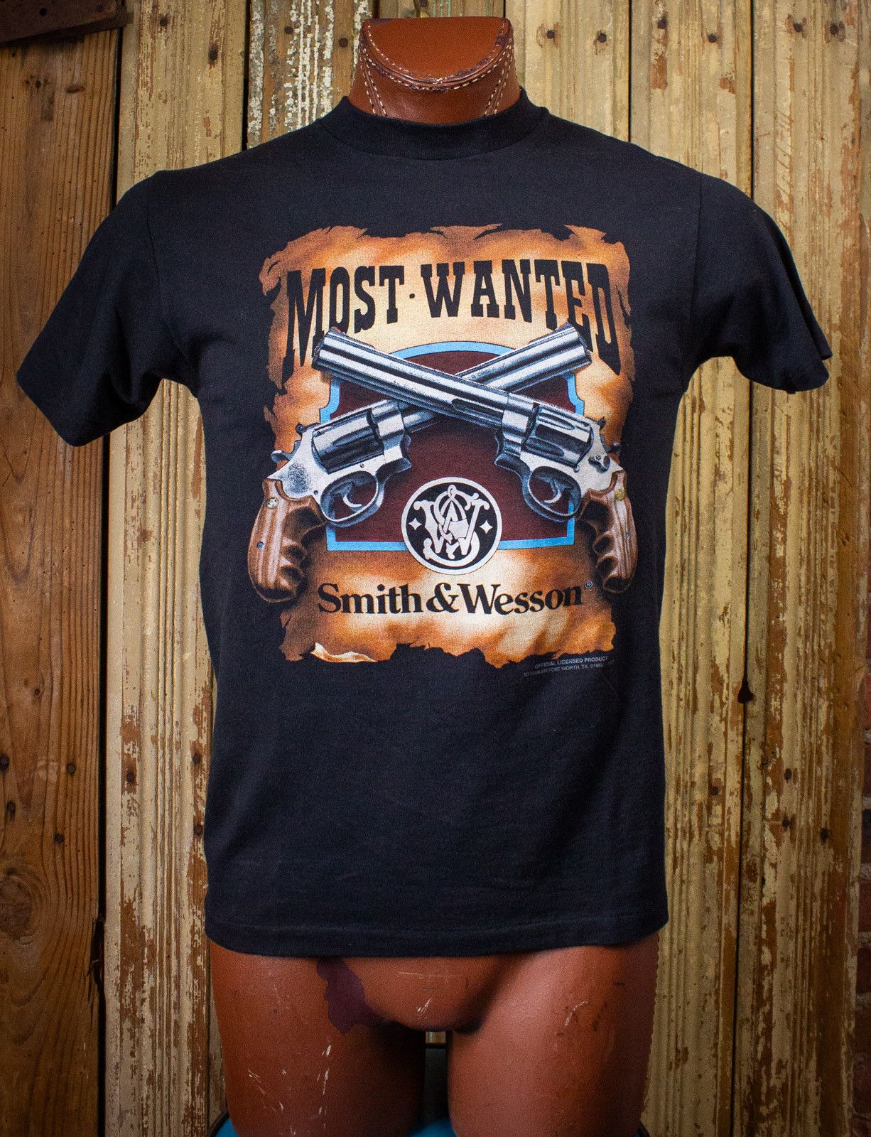 image of Vintage Smith & Wesson Most Wanted Graphic T Shirt 1992 in Black, Men's (Size Small)