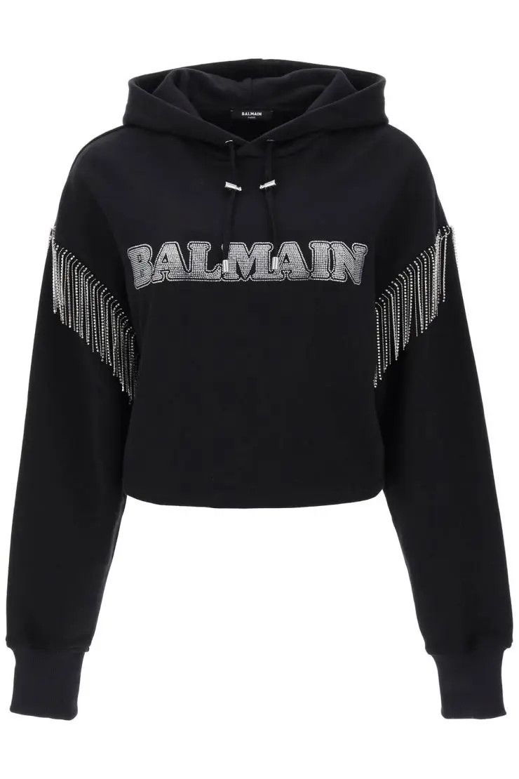 image of Balmain O1S22I1N0424 Cropped Hoodie In Black, Women's (Size Small)