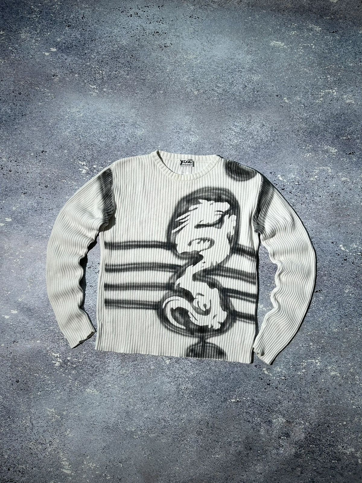 image of Avant Garde Y2K Archival Ribbed Dragon Japan Style Knit Sweater in White, Men's (Size XL)