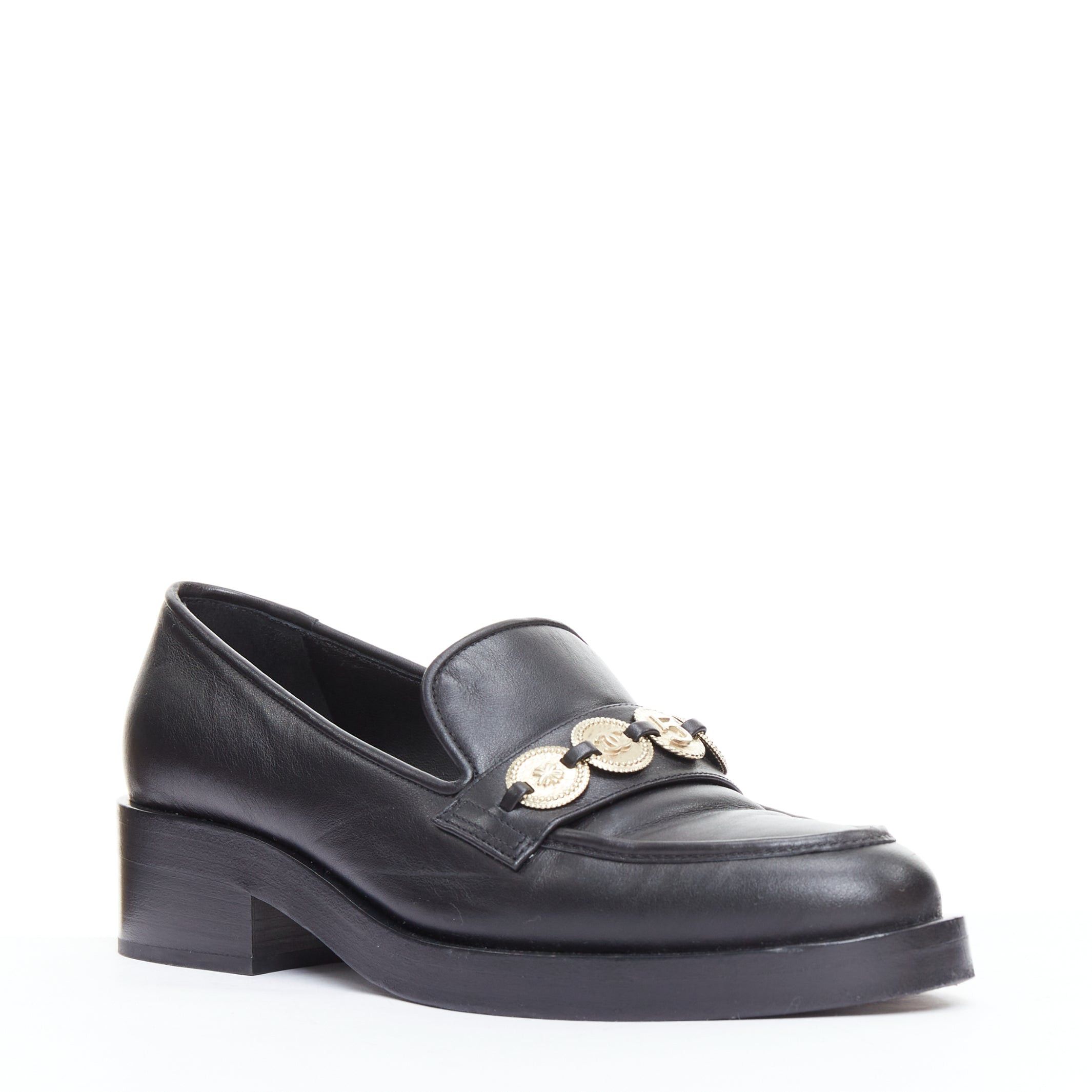 Chanel CHANEL 2023 black leather gold CC 5 coin embellished classic loafers EU37 Size US 7 / IT 37 - 1 Thumbnail