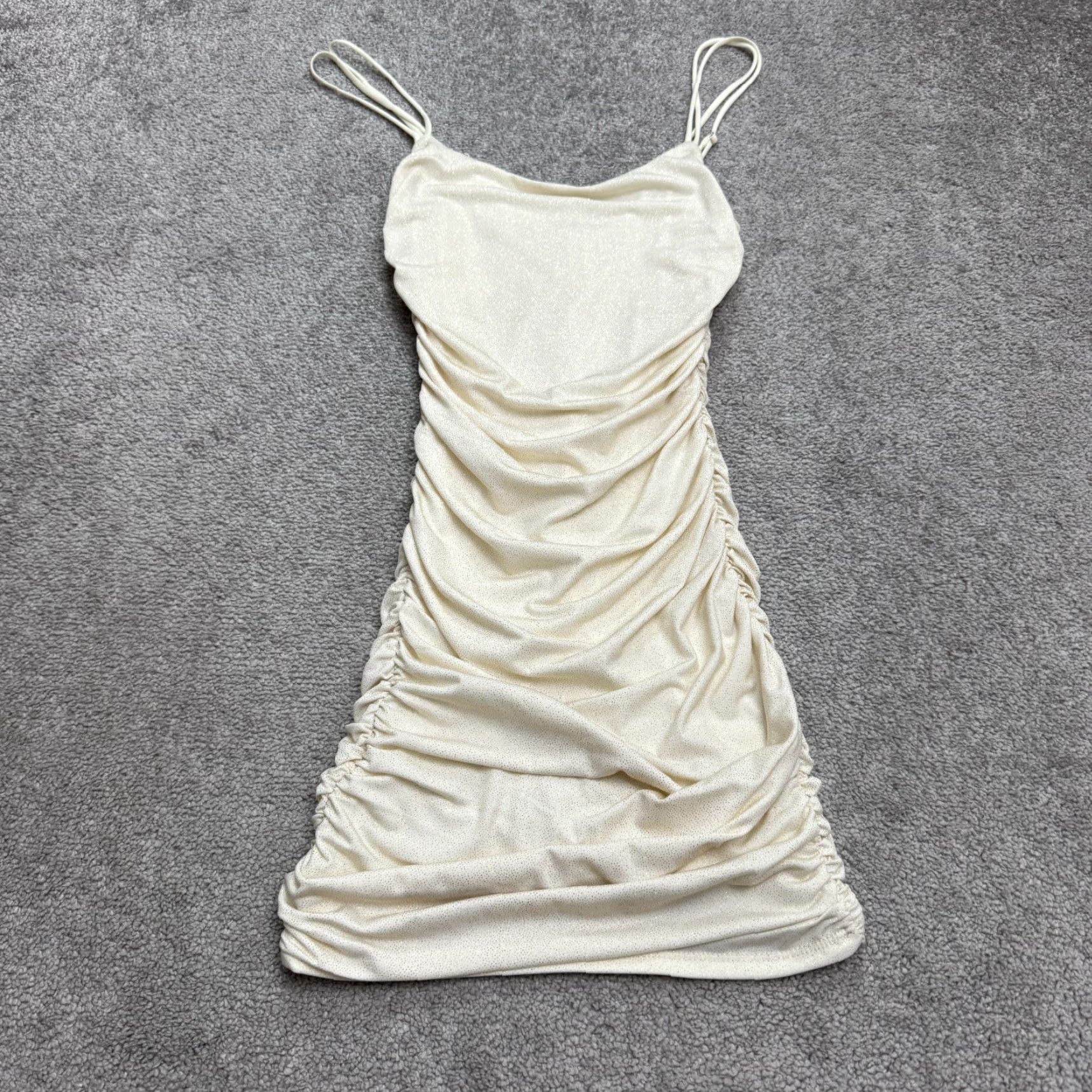 Vintage LUCY IN THE SKY Dress Mini Sleeveless Ruched Shimmer XS Cream Beig​e Plunging Knit Polyester Women's Size XS / US 0-2 / IT 36-38 - 3 Thumbnail