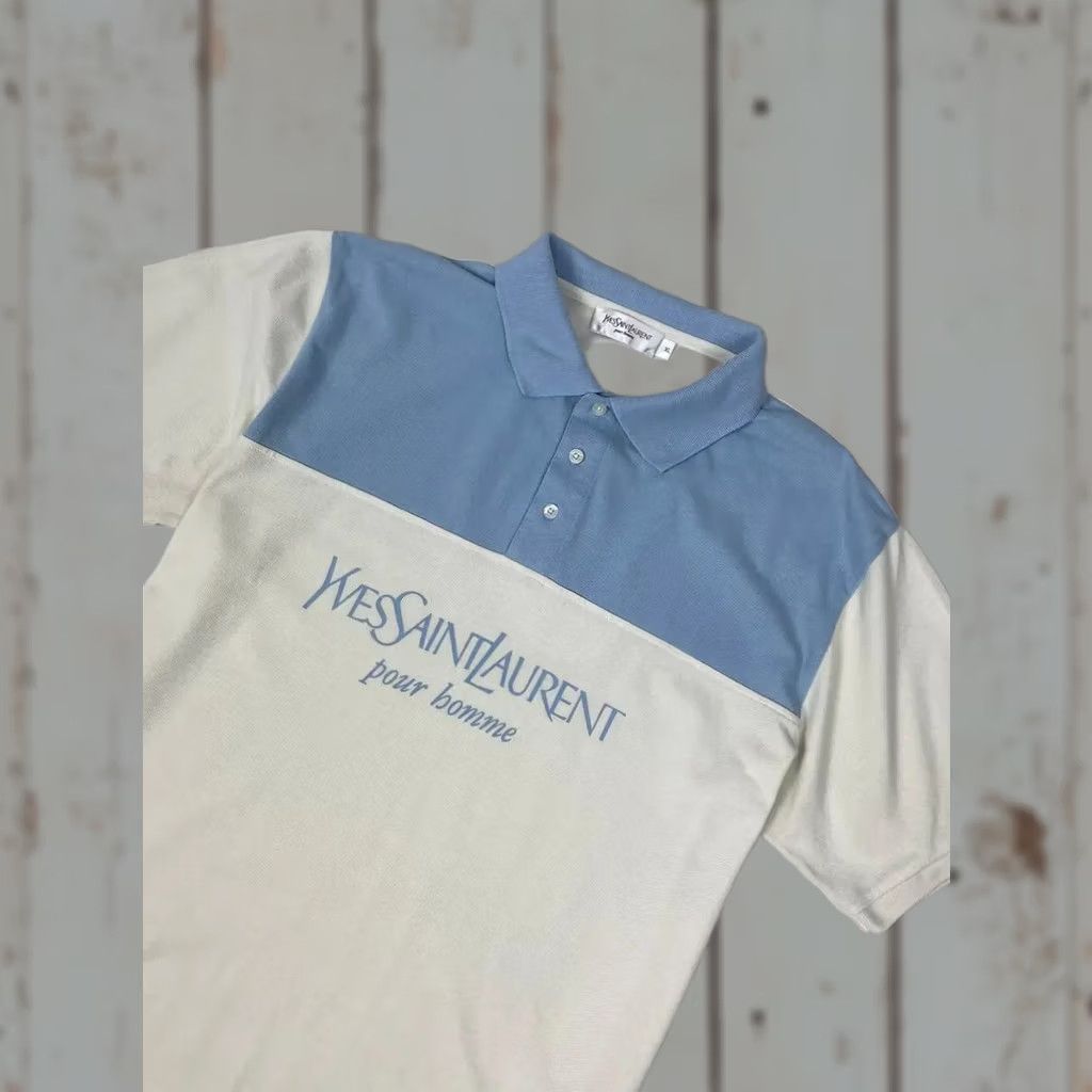 Yves Saint Laurent VINTAGE Saint Laurent Polo Shirt Big Logo YSL Luxury Men XL White Blue Shirt Short Sleeve Polo Size US XL / EU 56 / 4 - 1 Thumbnail