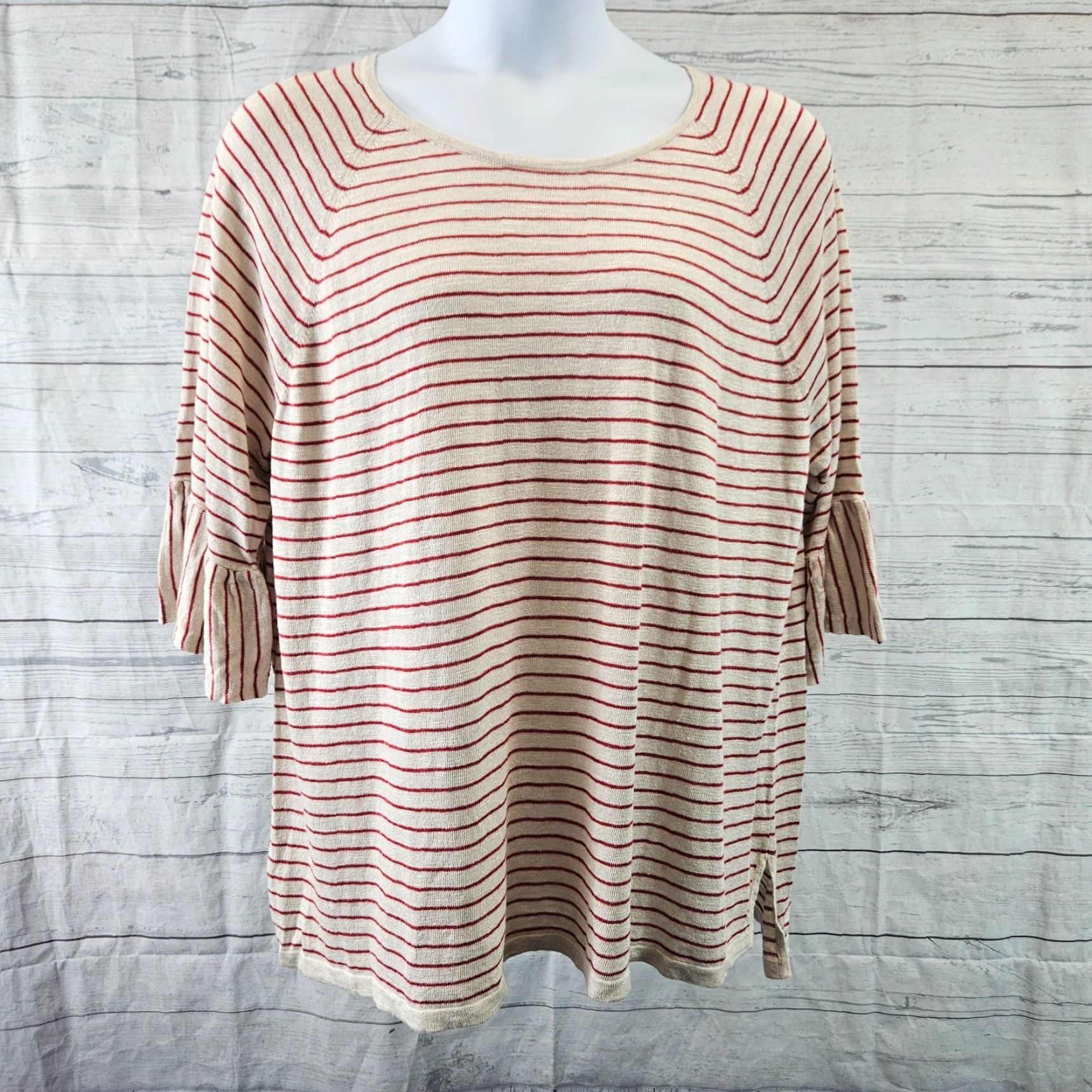 J. Jill J Jill Womens Knit Top Sz 3X Red Beige Stripe 3/4 Sleeve Linen Blend Shirt Womens Size XXL / US 16-18 / IT 52-54 - 2 Thumbnail