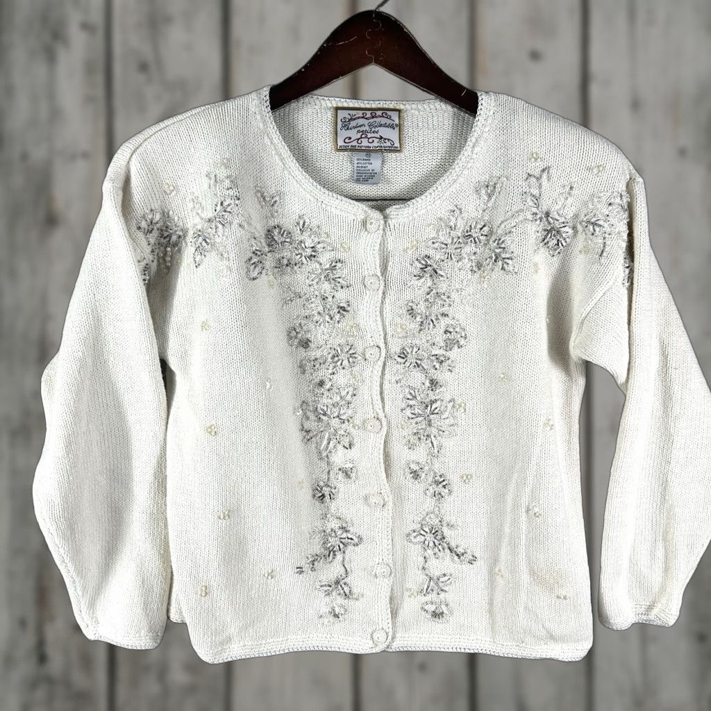Vintage Vintage Heirloom Collectibles Women's Sweater Cardigan S Floral Beaded Knitted White Autumn Winter Size S / US 4 / IT 40 - 1 Thumbnail