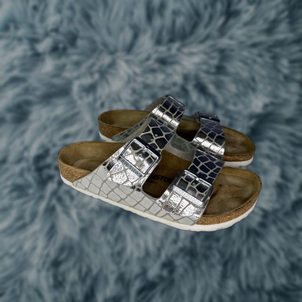 Birkenstock Arizona Sandals Silver Gator Gleam Strap Size 38 US 7 Women Slide Flat Buckle Comfort Arch Support Glitter Vintage No