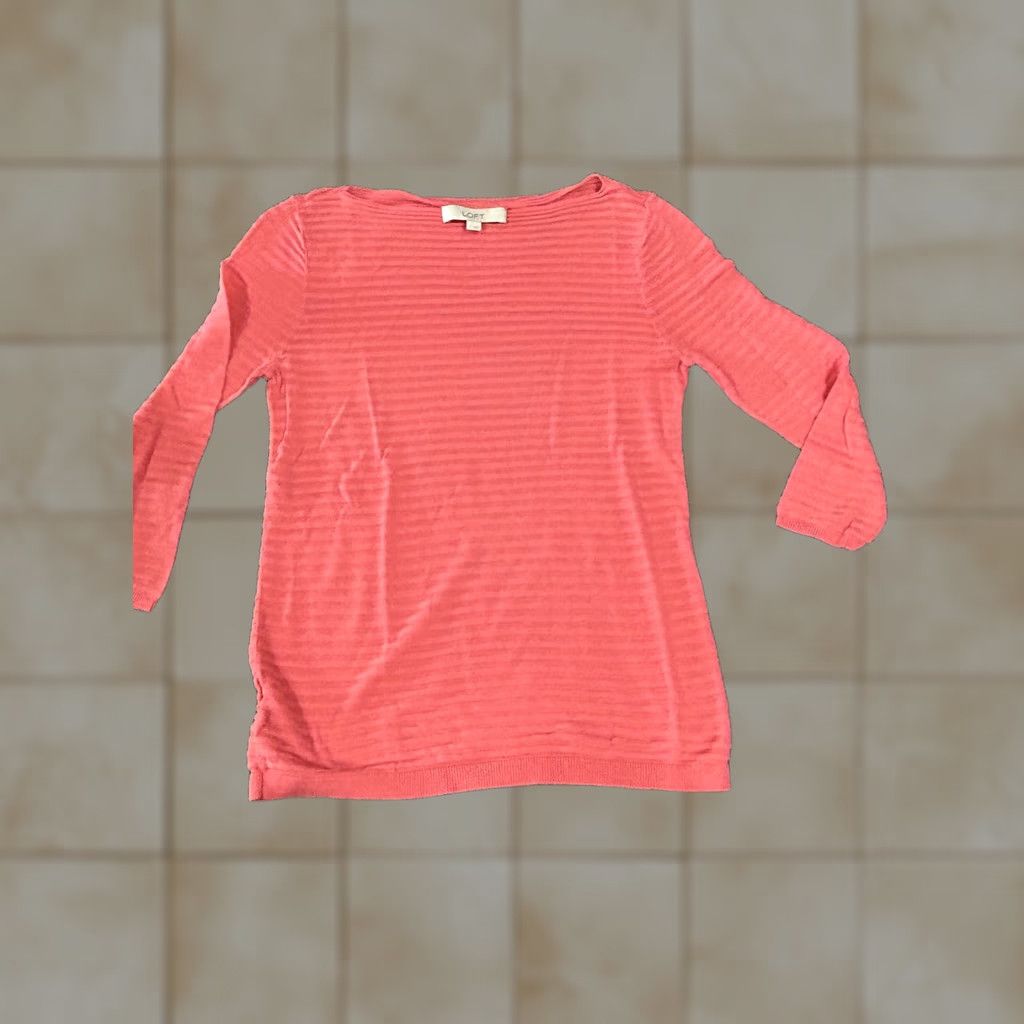 Loft LOFT Sweater Shirt Womens Small Coral Pink 3/4 Sleeve Lightweight Striped Pullover Top Size S / US 4 / IT 40 - 1 Thumbnail