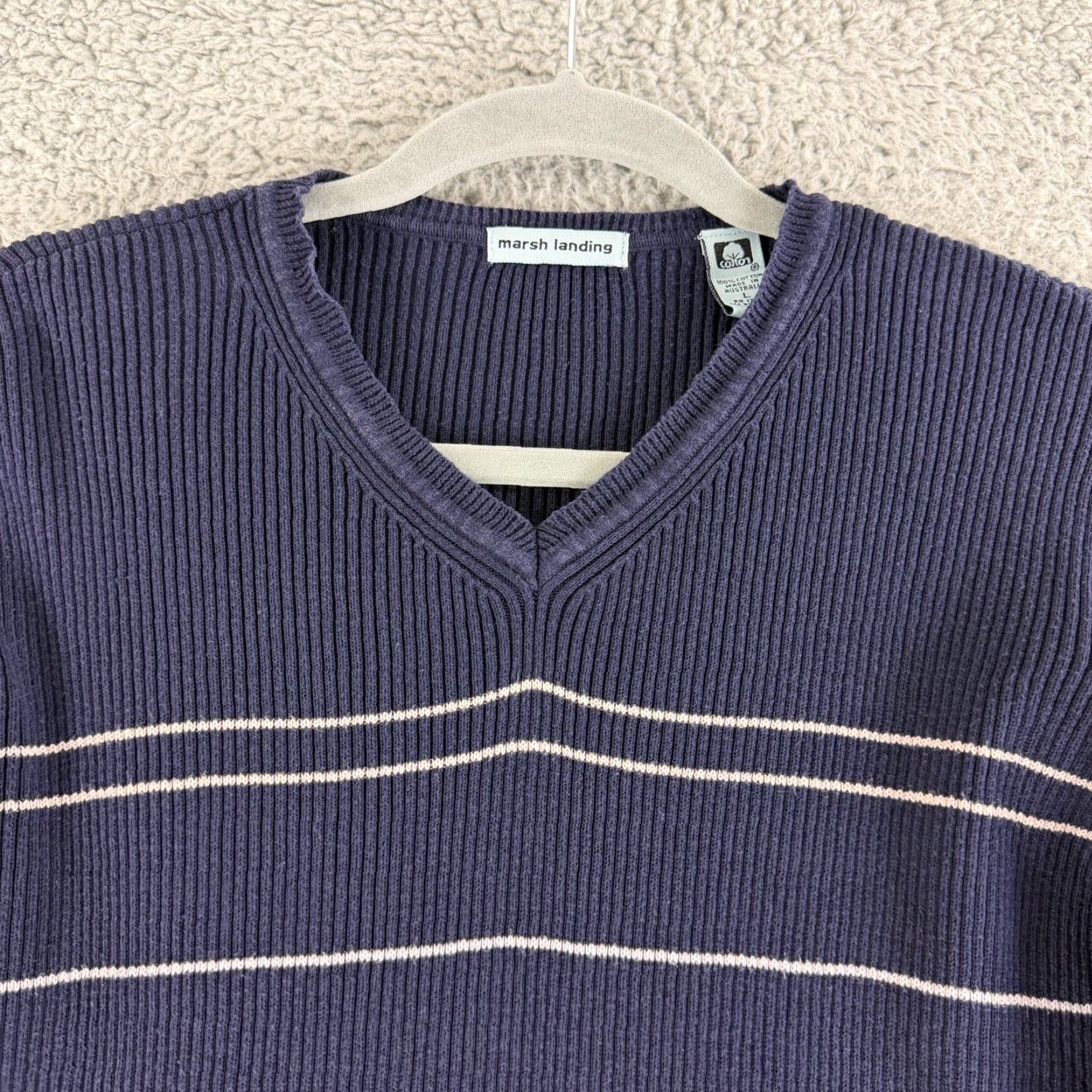 Vintage Marsh Landing Top Womens Large Blue Stripe Long Sleeve 100% Cotton V-Neck Casual Shirt Size L / US 10 / IT 46 - 2 Thumbnail
