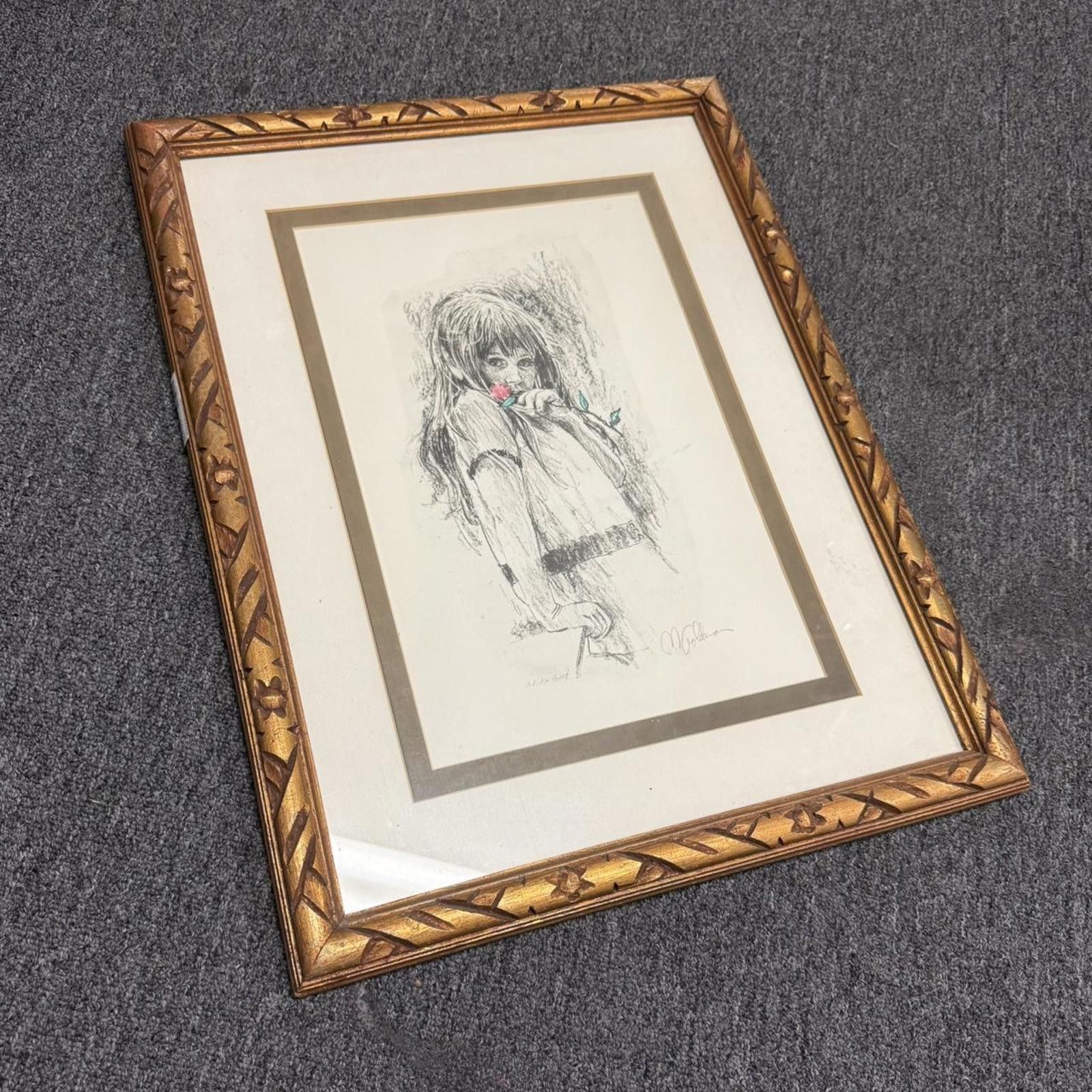 Other Vintage Milton Goldman Signed Framed Girl with Rose Artwork Size ONE SIZE - 2 Thumbnail