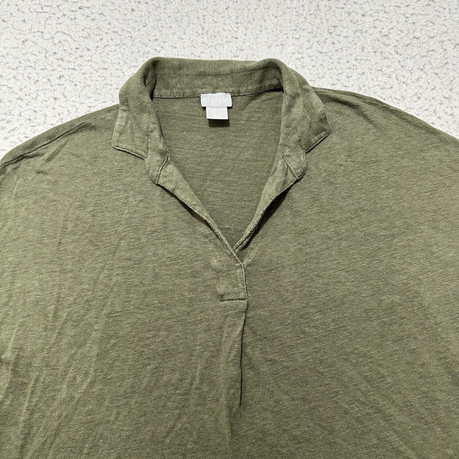 Chicos Chico's 1 Medium Olive Green Pure Linen Collared Polo Shirt Size M / US 6-8 / IT 42-44 - 2 Thumbnail