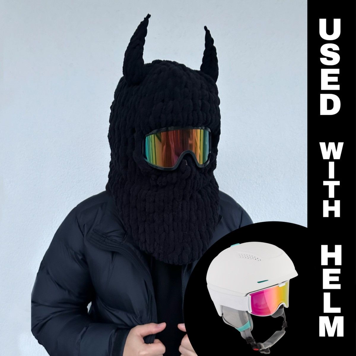 Handmade Helmet cover Devil ski mask with horns . Balaclava black Size ONE SIZE - 1 Thumbnail