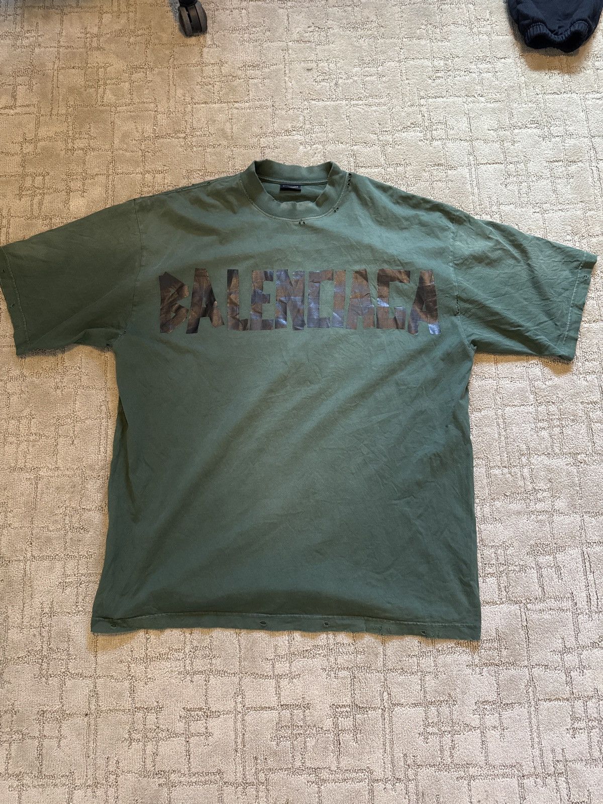 Balenciaga Dark Green Balenciaga Men's Distressed Tape Logo T-Shirt Size US XL / EU 56 / 4 - 1 Thumbnail