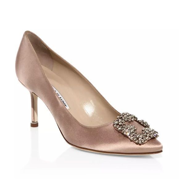 image of Manolo Blahnik Hangisi 70Mm Embellished Satin Pumps Shoes in Tan, Women's (Size 6)