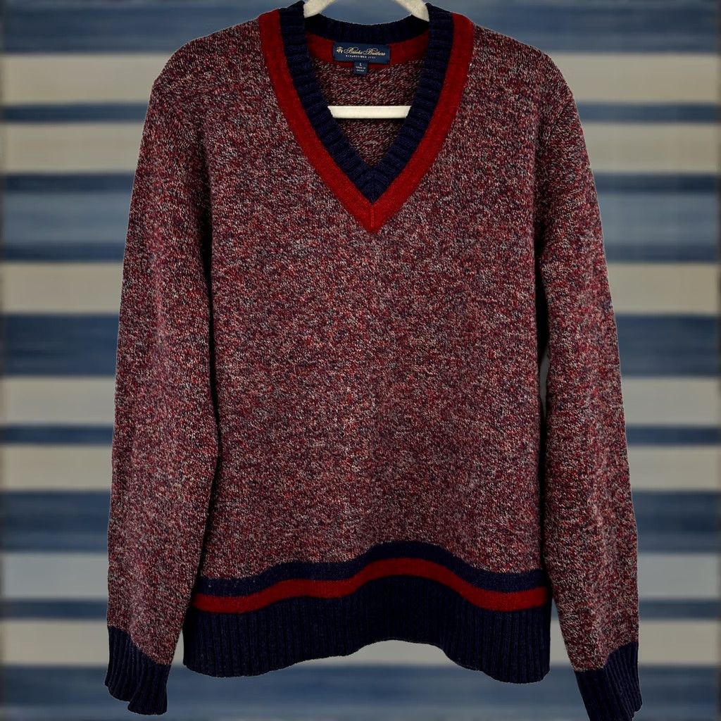 Brooks Brothers Brooks Brothers V-Neck Sweater Mens Wool Marled Large Academic Old Money Grandpa Core Knit Belted Ribbed Trim Multicolor Size US L / EU 52-54 / 3 - 1 Thumbnail