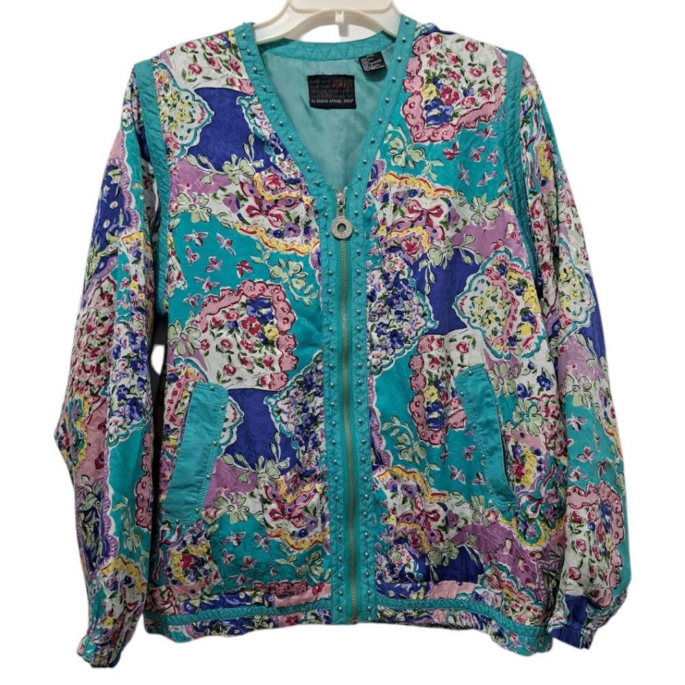 Other Vintage Mureli Floral Print Silk Studded Zip-Up Oversized Li Size S / US 4 / IT 40 - 1 Thumbnail