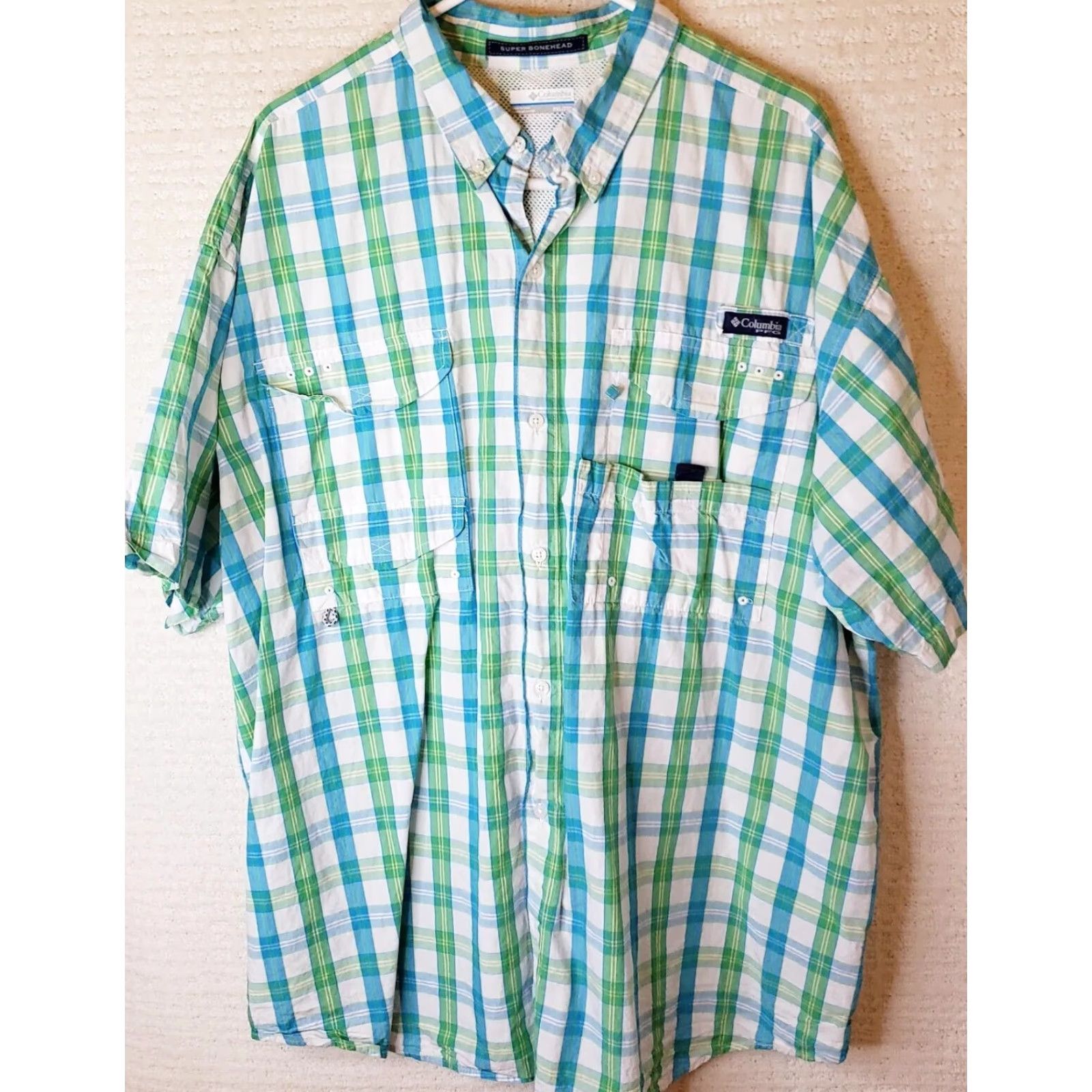 Vintage Columbia PFG Super Bonehead Fishing Shirt XXL Blue Green Plaid Short Sleeve Button-Up Size US XXL / EU 58 / 5 - 2 Thumbnail
