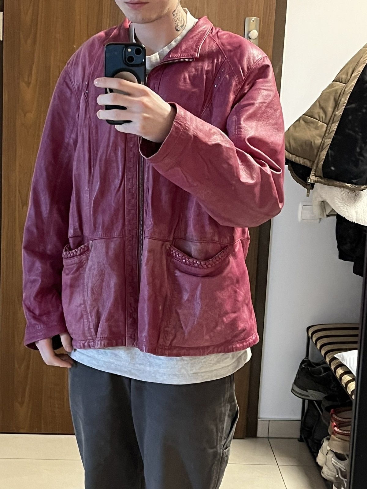 Genuine Leather Distressed vintage oversized cropped pink leather jacket Size US XL / EU 56 / 4 - 4 Thumbnail
